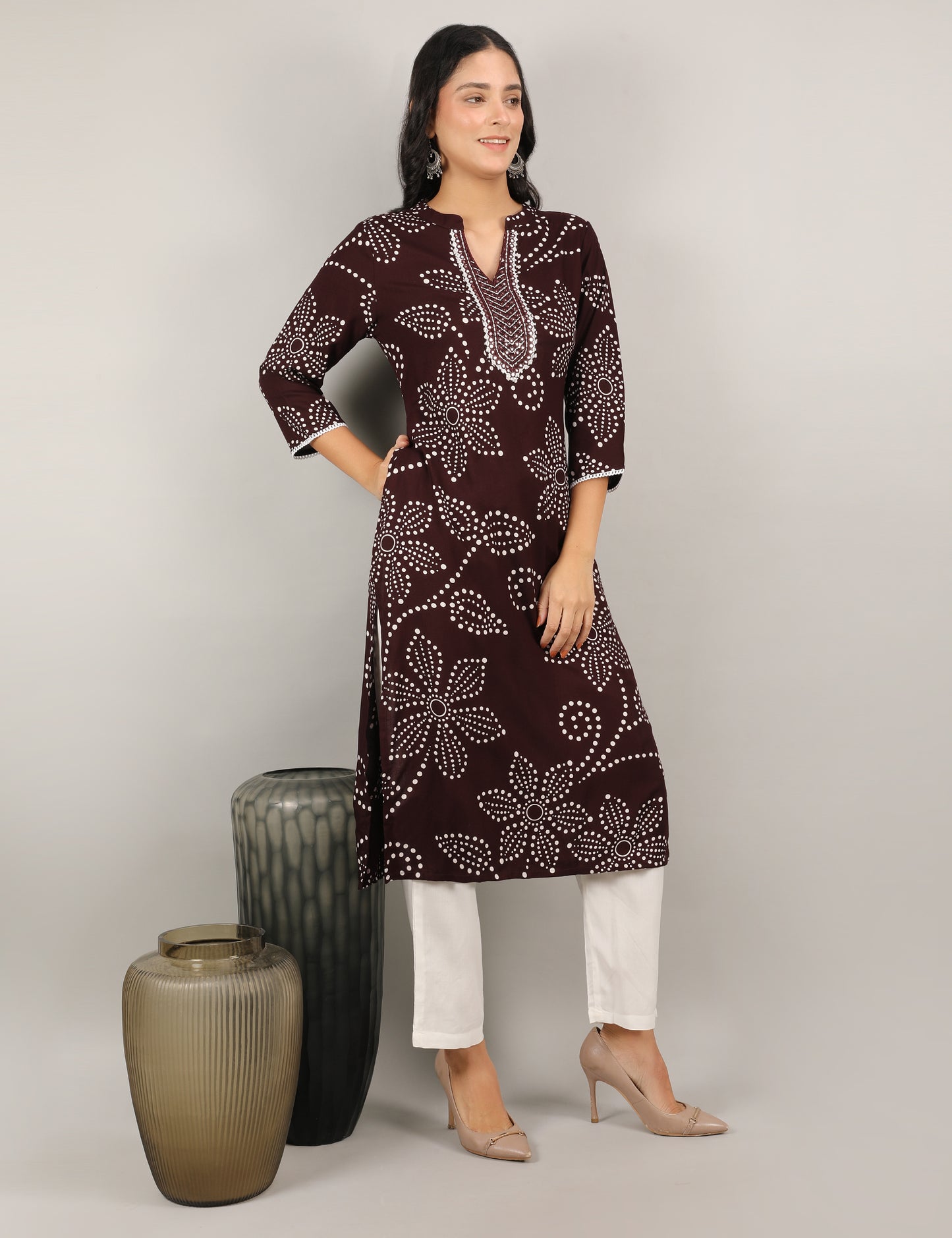 COFFEE COLOUR PRINTED REYON KURTI
