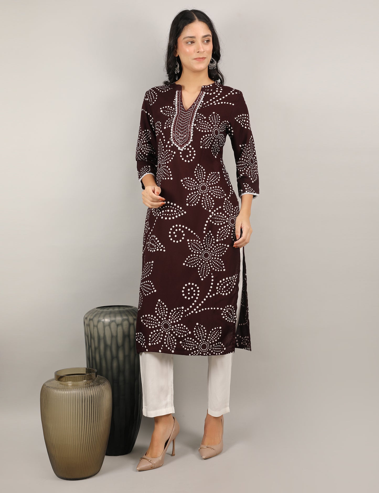 COFFEE COLOUR PRINTED REYON KURTI
