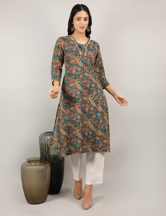 TEAL COTTON PRINTED KURTI