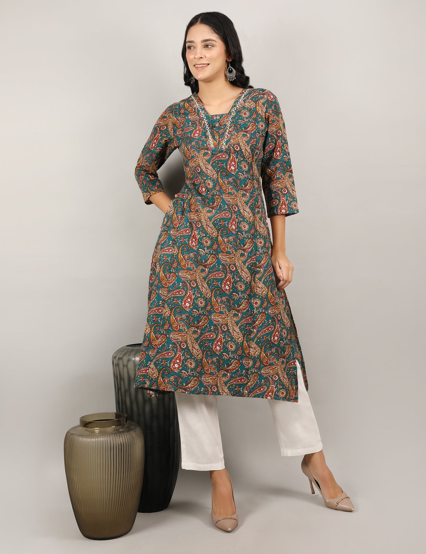 TEAL COTTON PRINTED KURTI