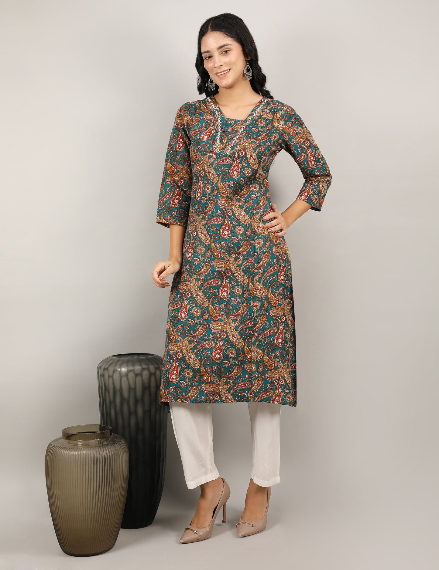 TEAL COTTON PRINTED KURTI