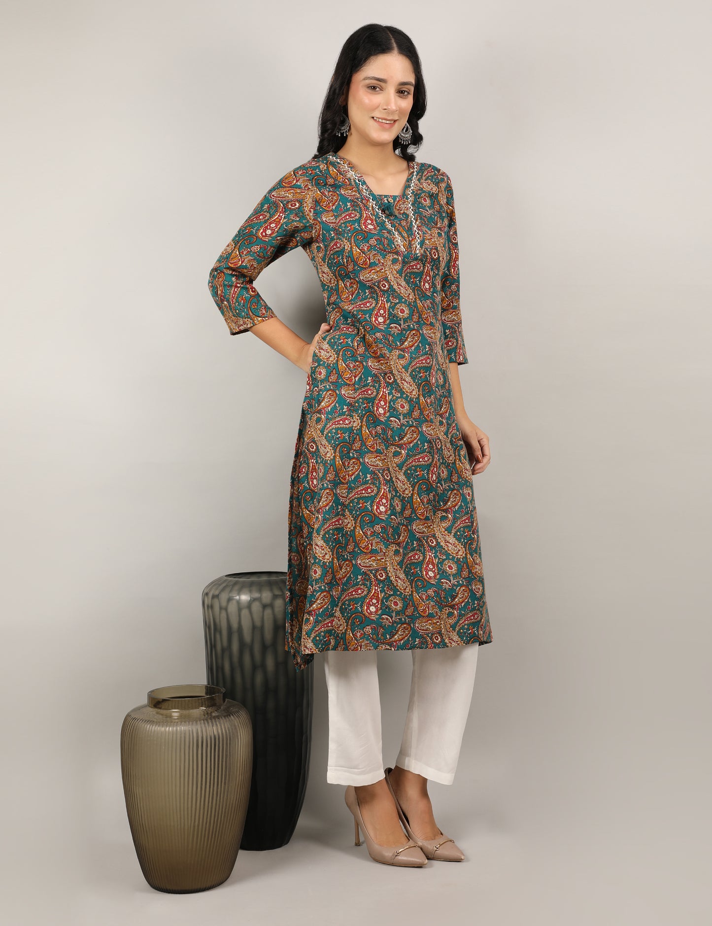 TEAL COTTON PRINTED KURTI