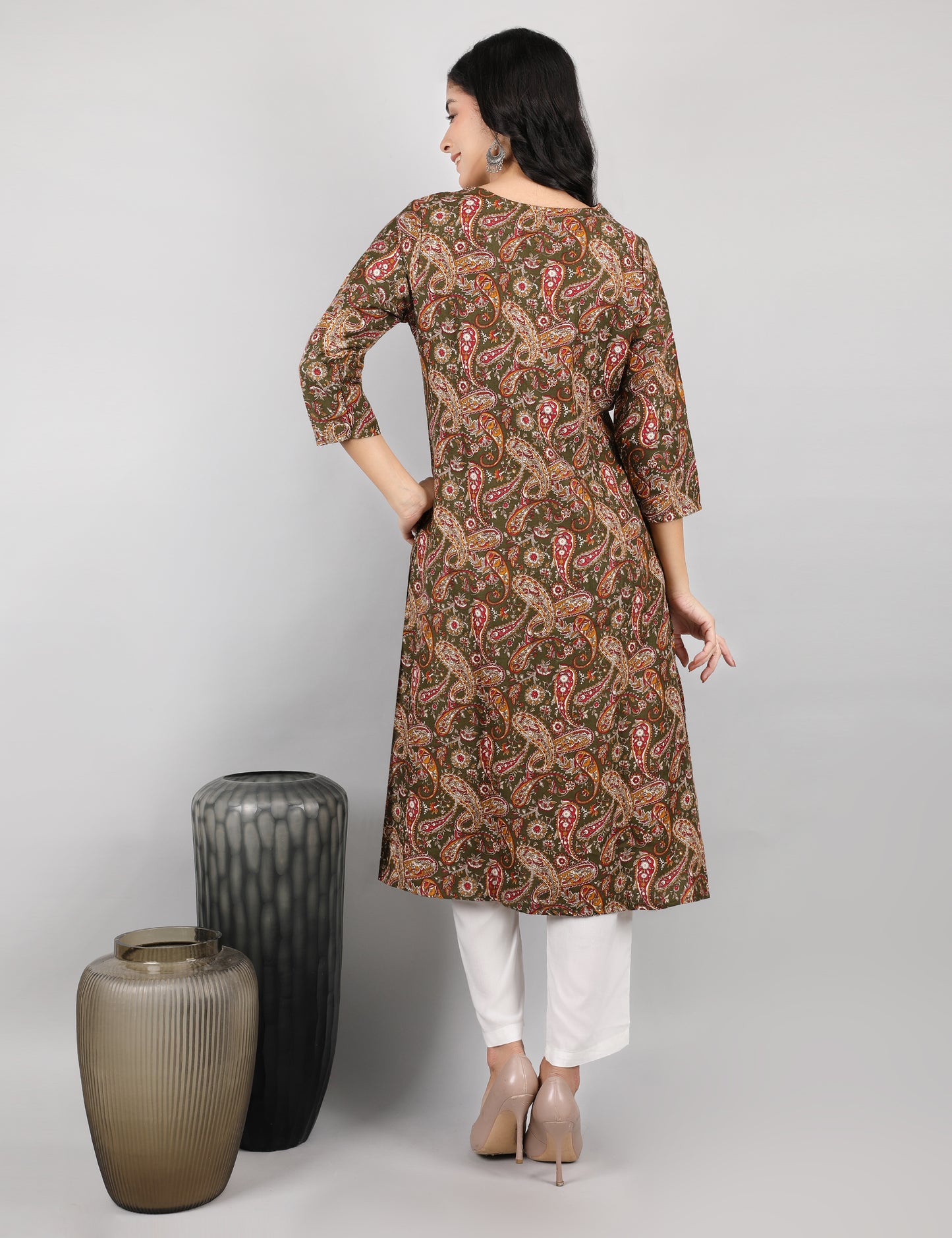 OLIVE GREEN COTTON PRINT KURTI