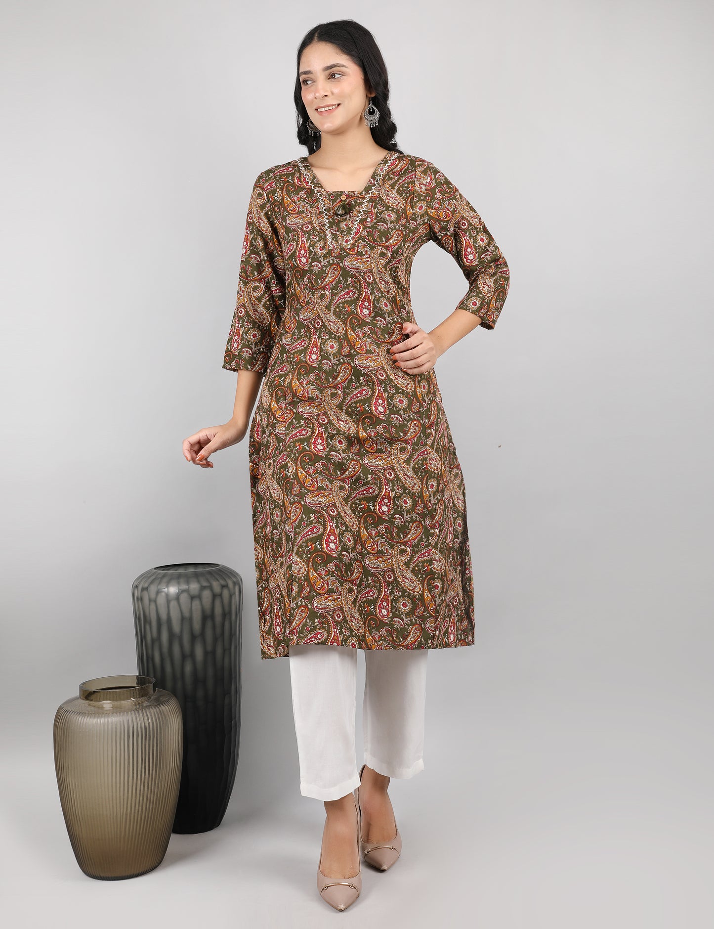 OLIVE GREEN COTTON PRINT KURTI