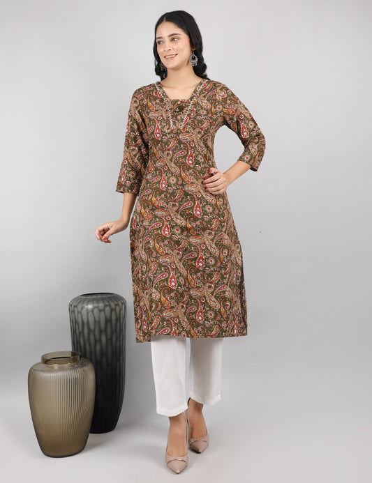 OLIVE GREEN COTTON PRINT KURTI