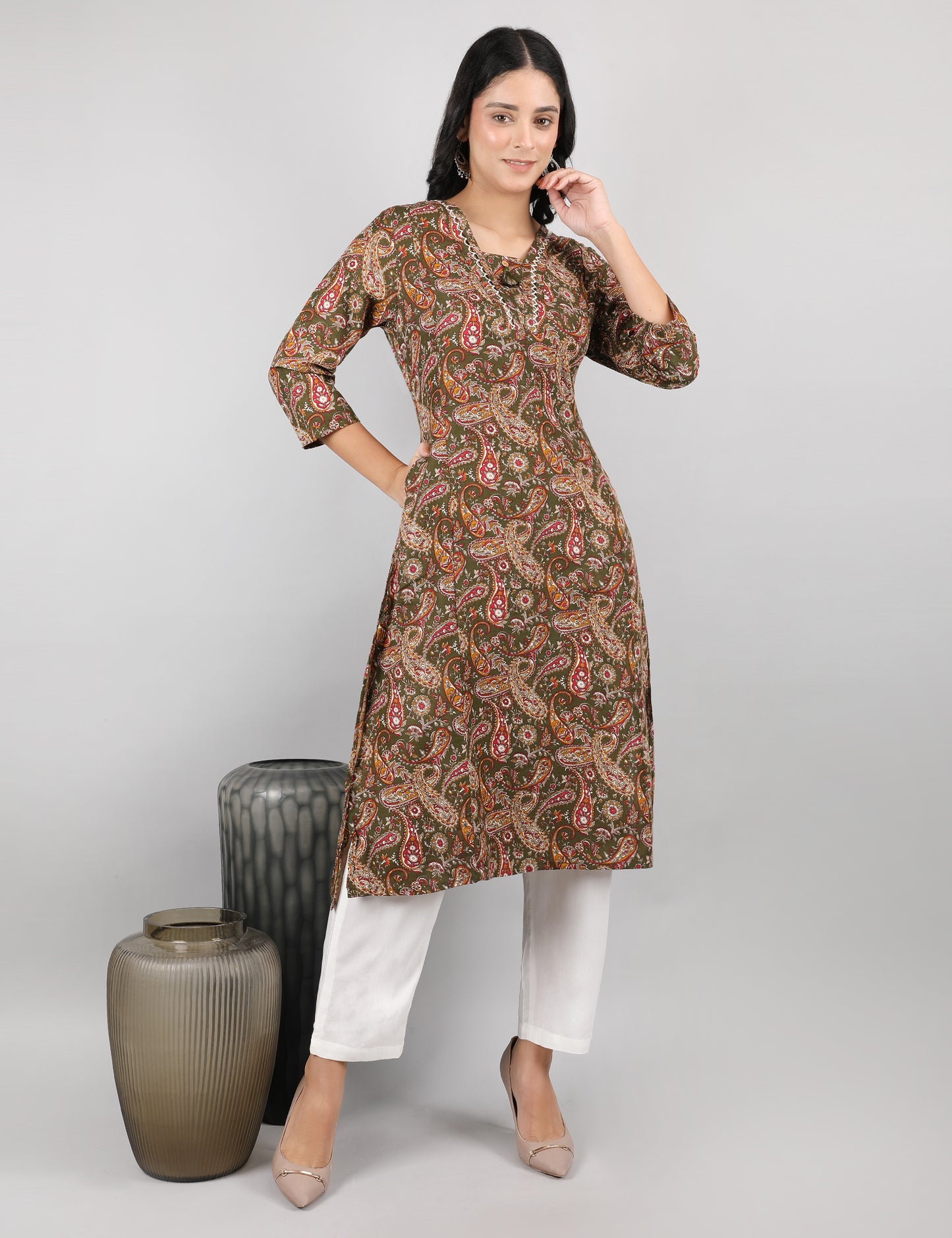 OLIVE GREEN COTTON PRINT KURTI