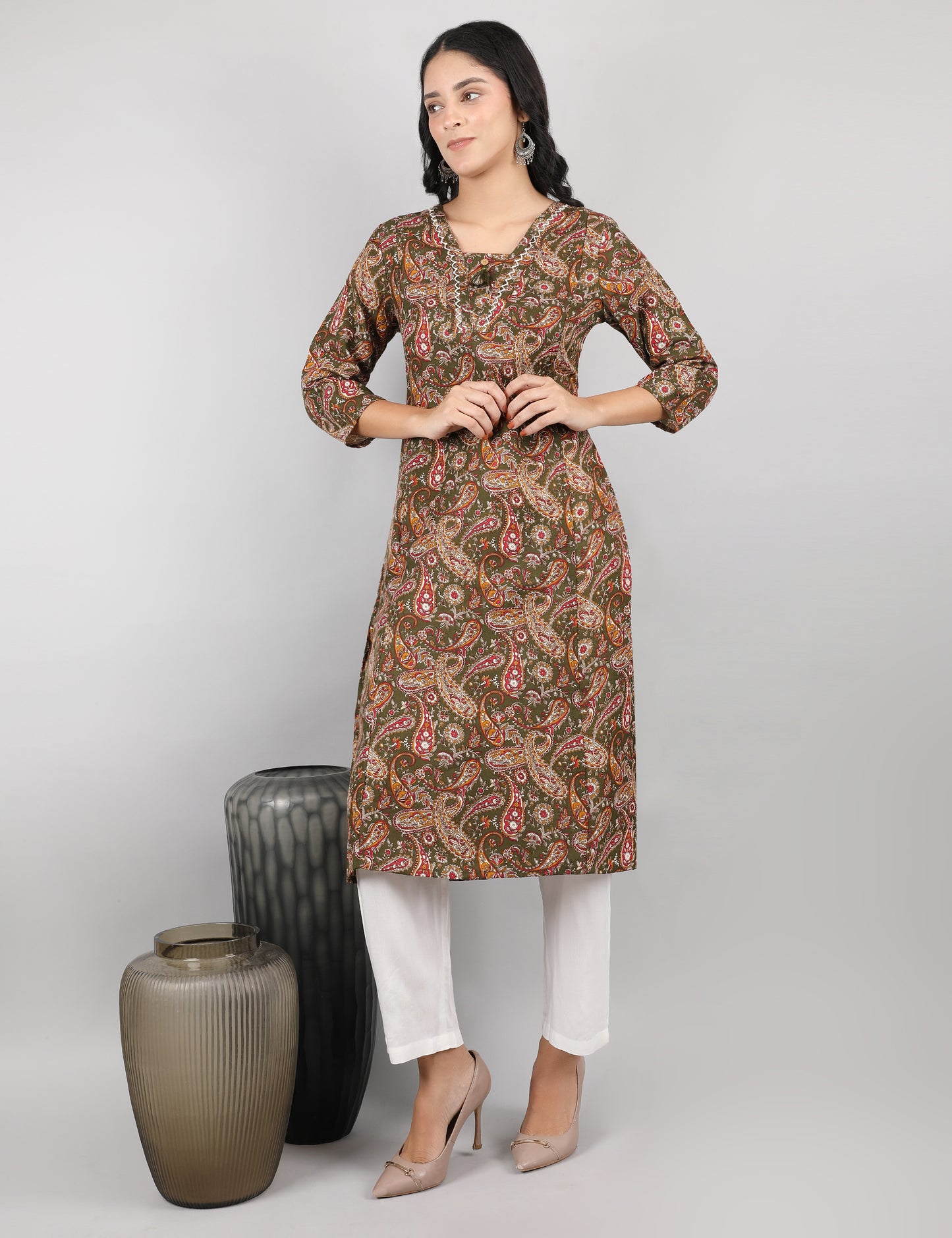OLIVE GREEN COTTON PRINT KURTI