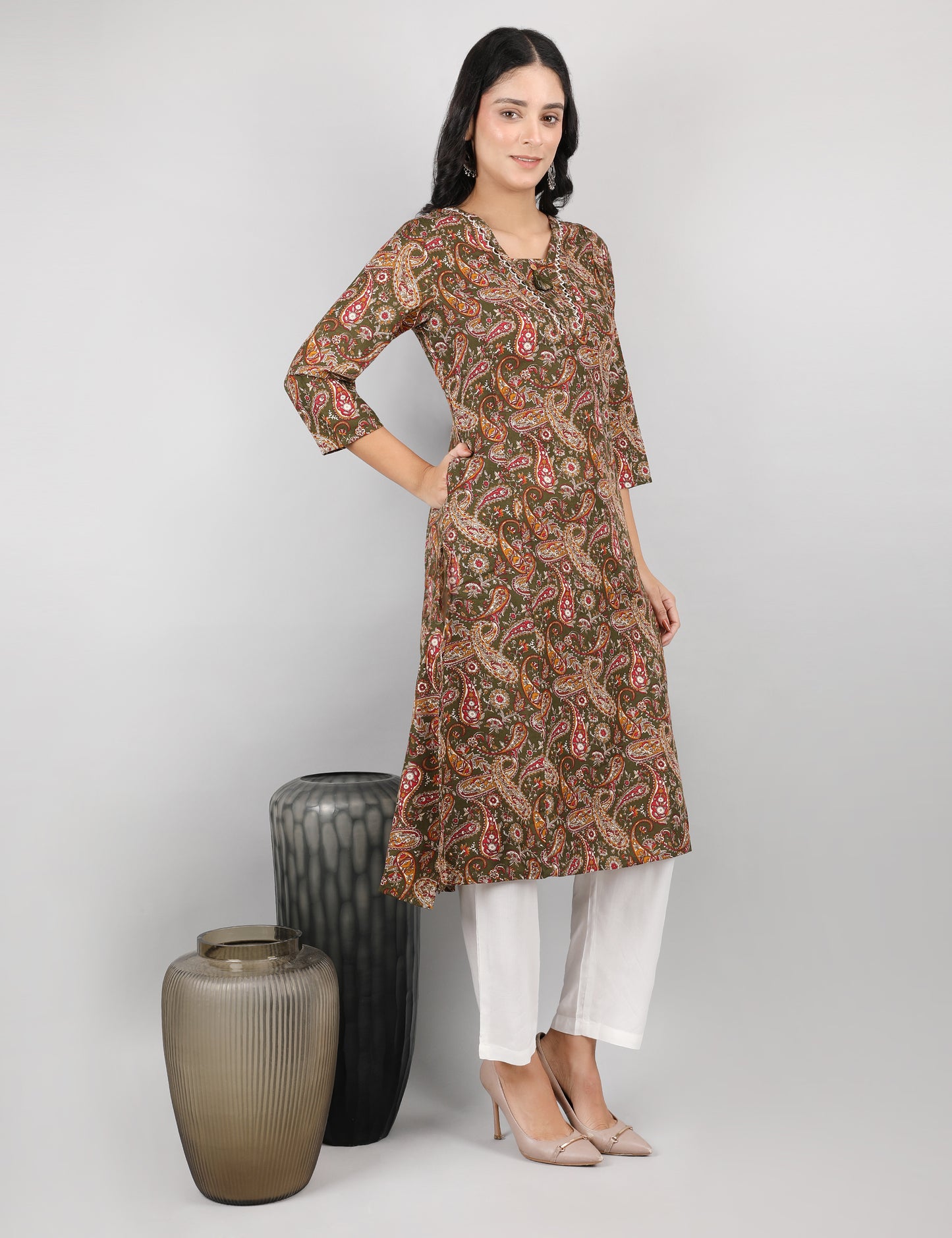 OLIVE GREEN COTTON PRINT KURTI