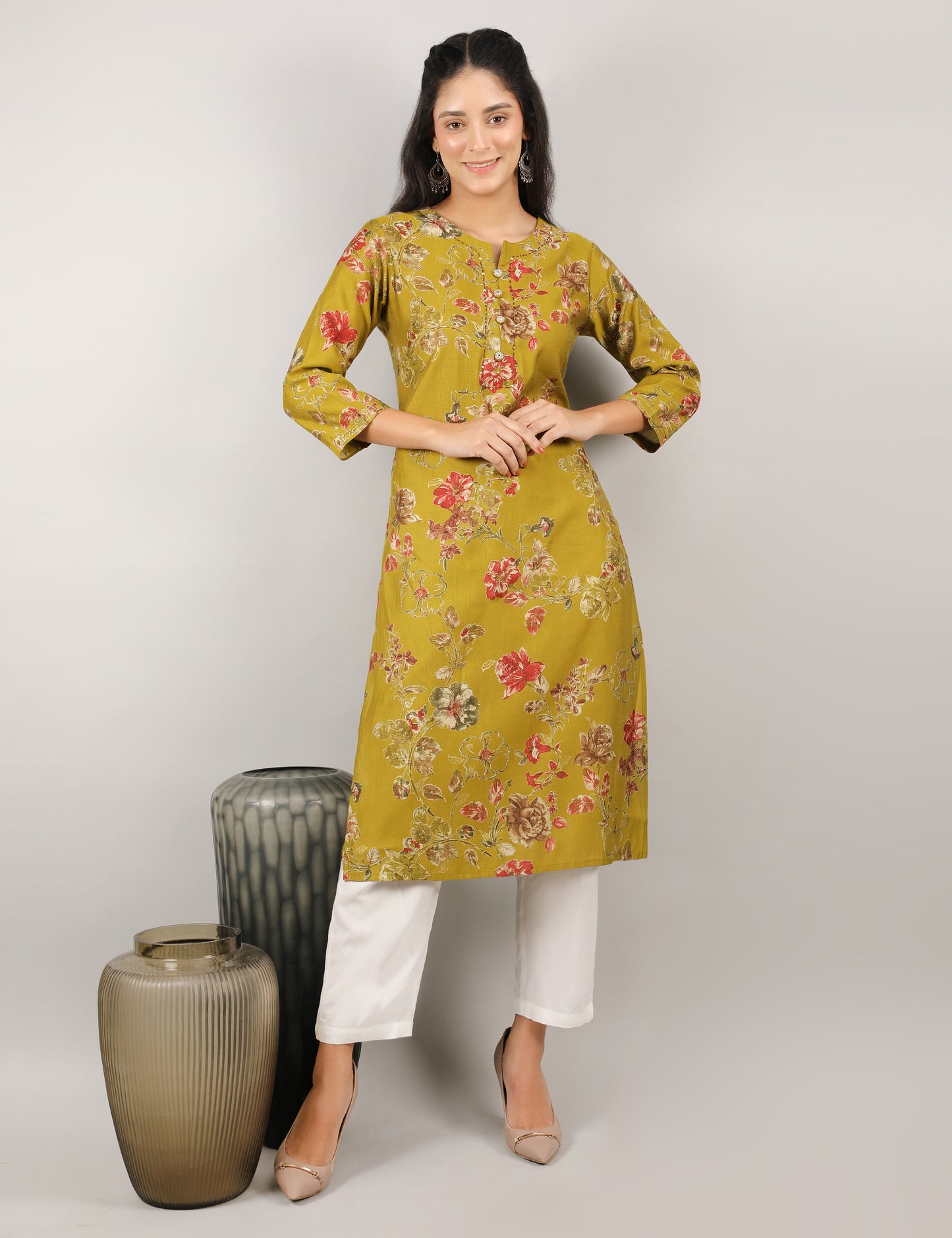 MUSTARD PRINTED COTTON KURTA