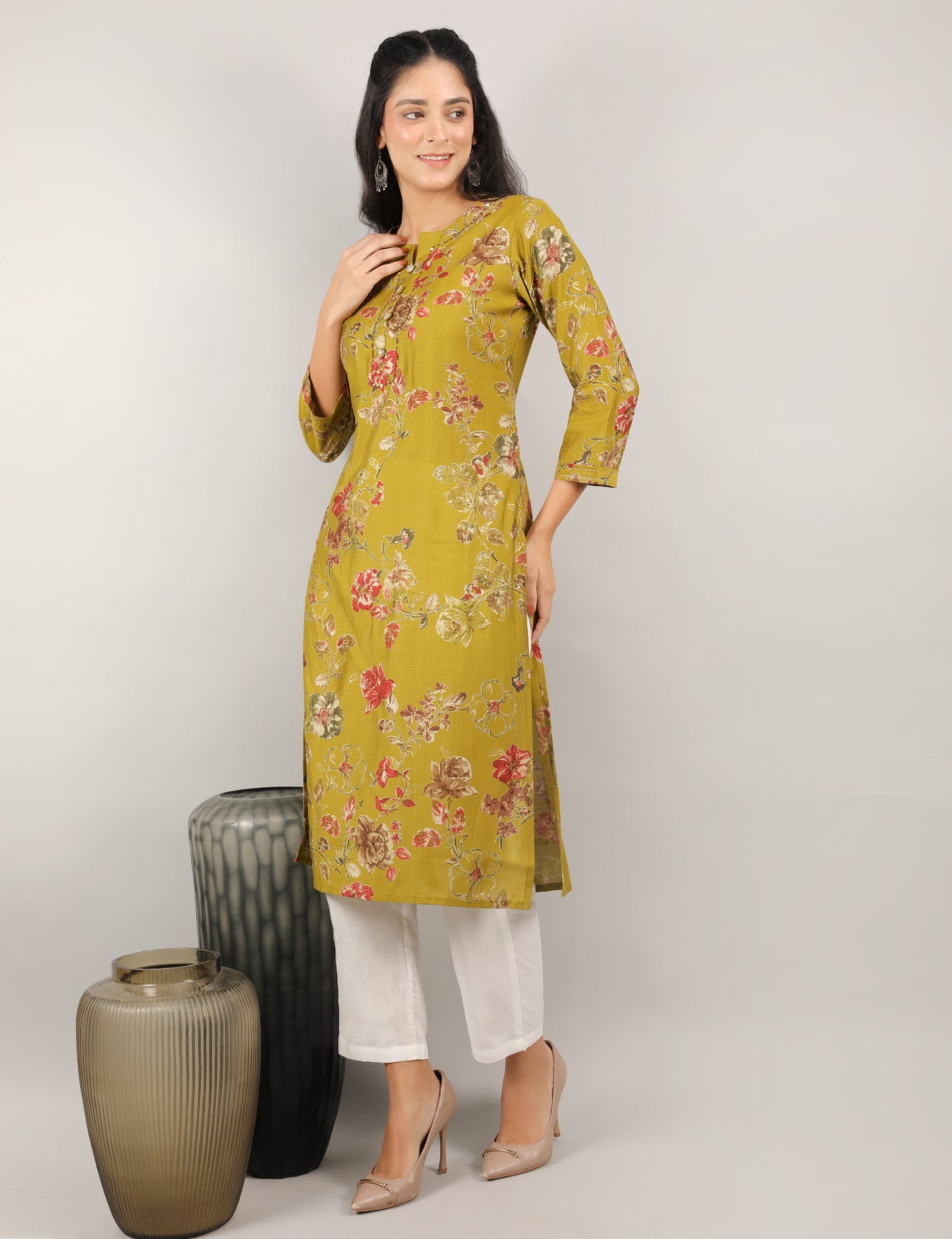 MUSTARD PRINTED COTTON KURTA