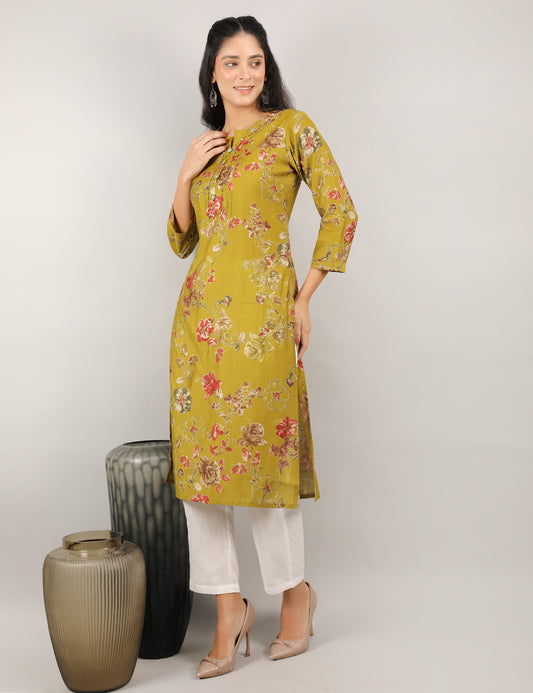 MUSTARD PRINTED COTTON KURTA
