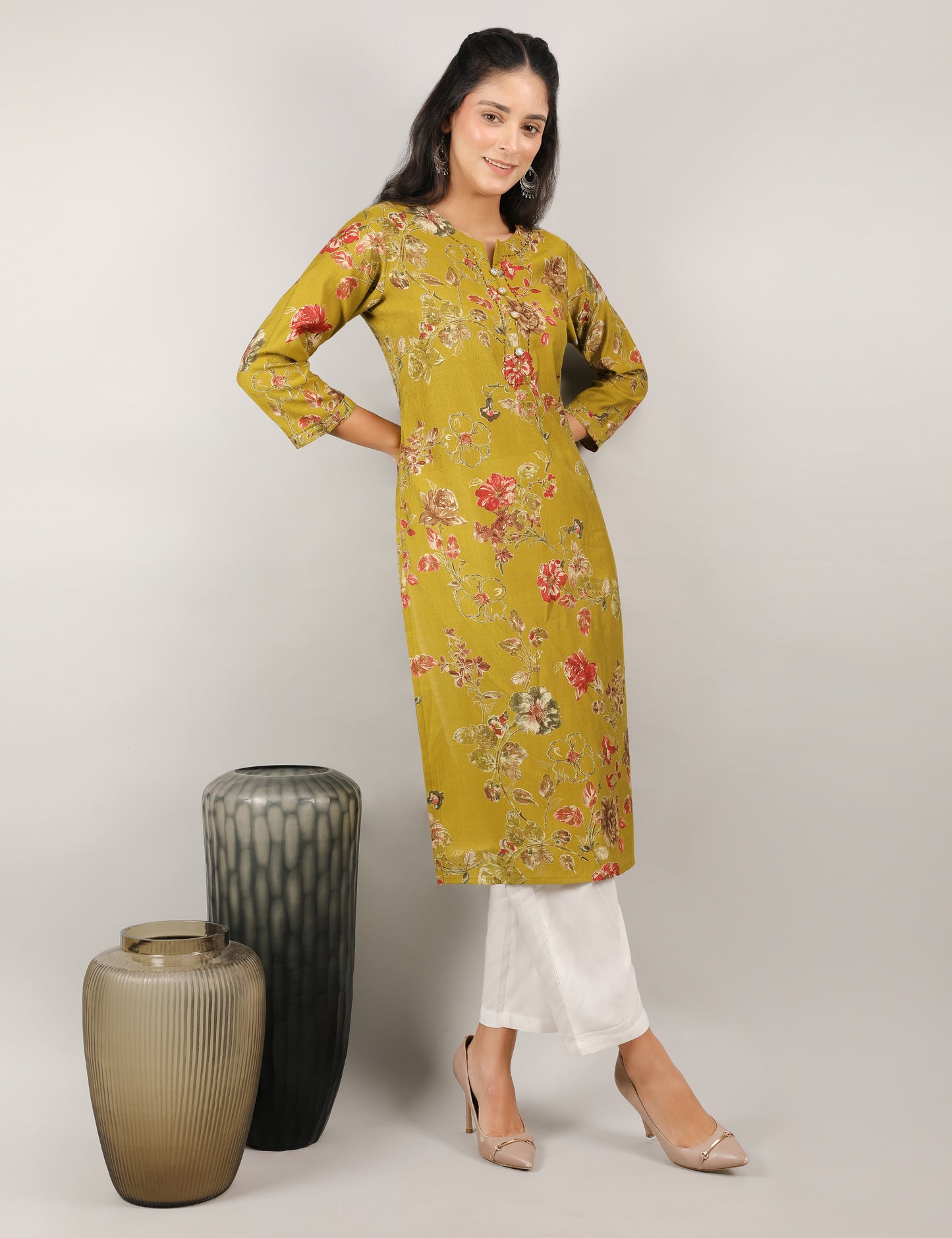 MUSTARD PRINTED COTTON KURTA