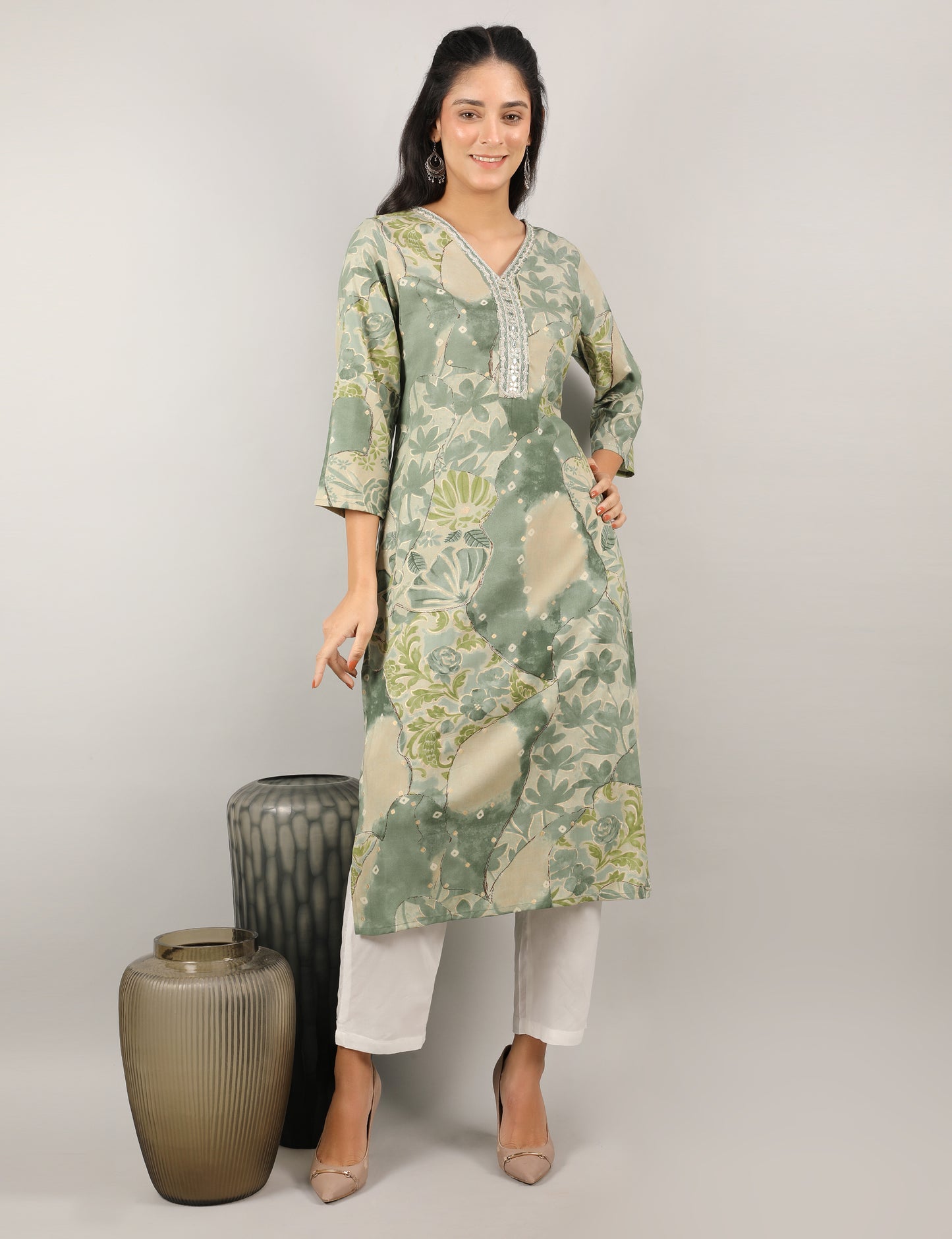 SAGE GREEN COTTON PRINT KURTI