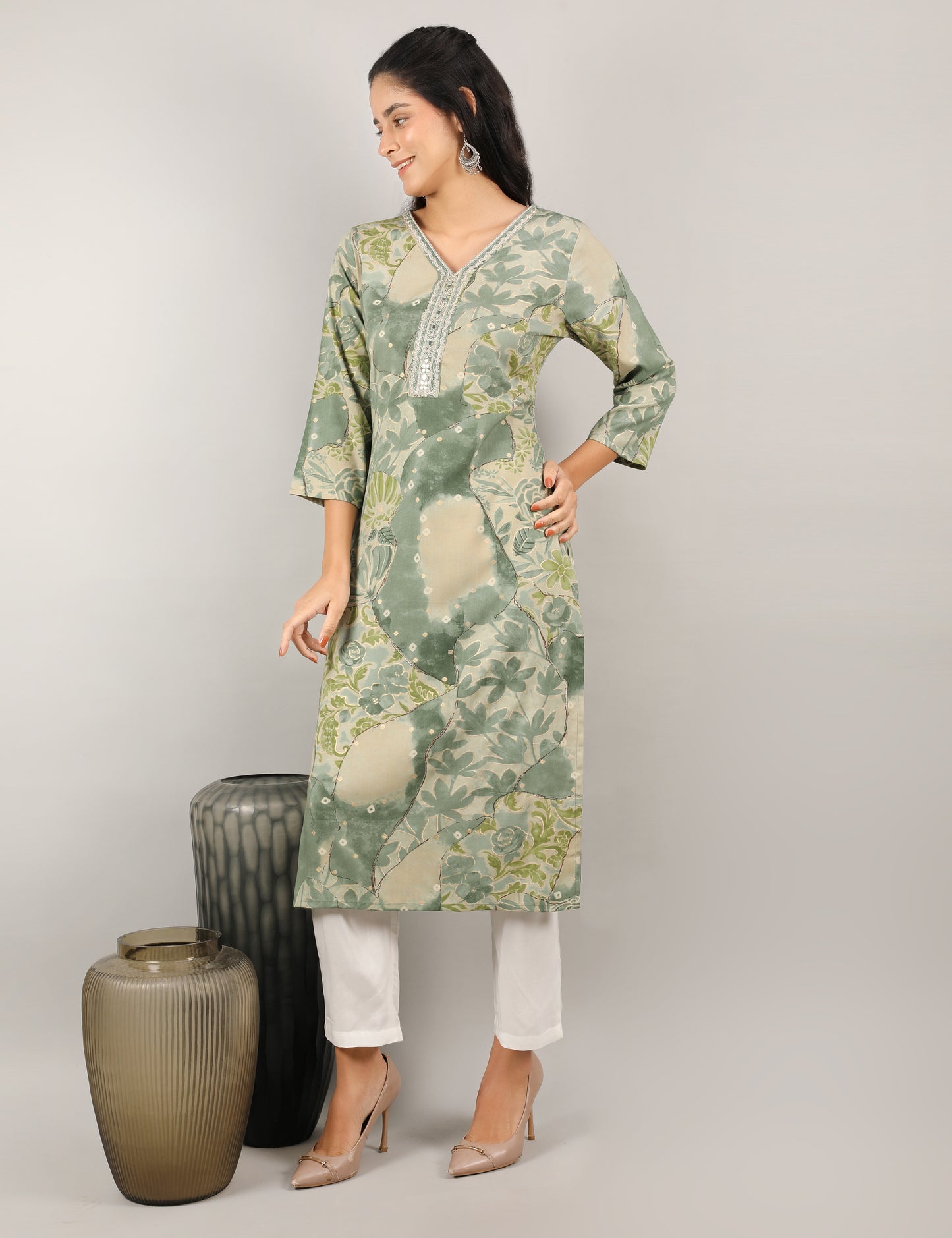 SAGE GREEN COTTON PRINT KURTI