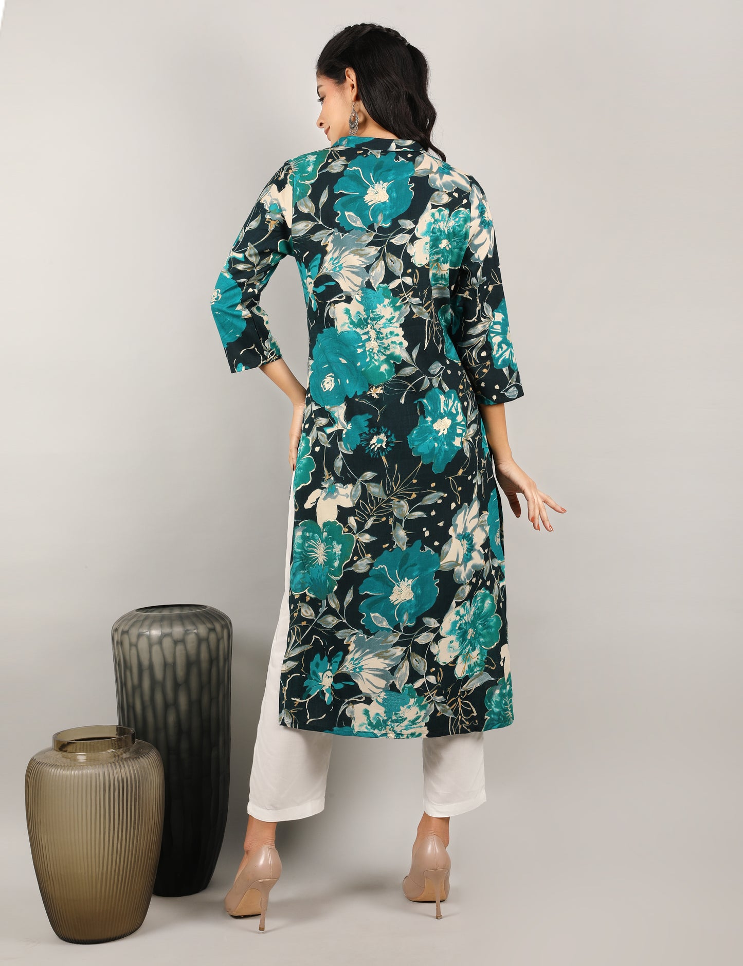 PEACOCK-BLACK PRINT REYON KURTI
