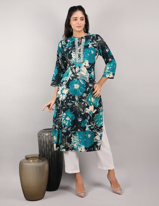 PEACOCK-BLACK PRINT REYON KURTI