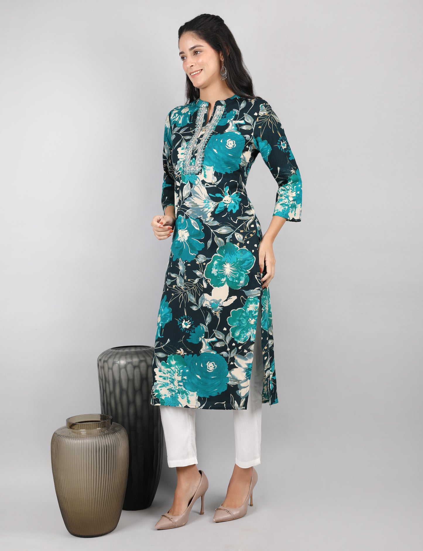 PEACOCK-BLACK PRINT REYON KURTI