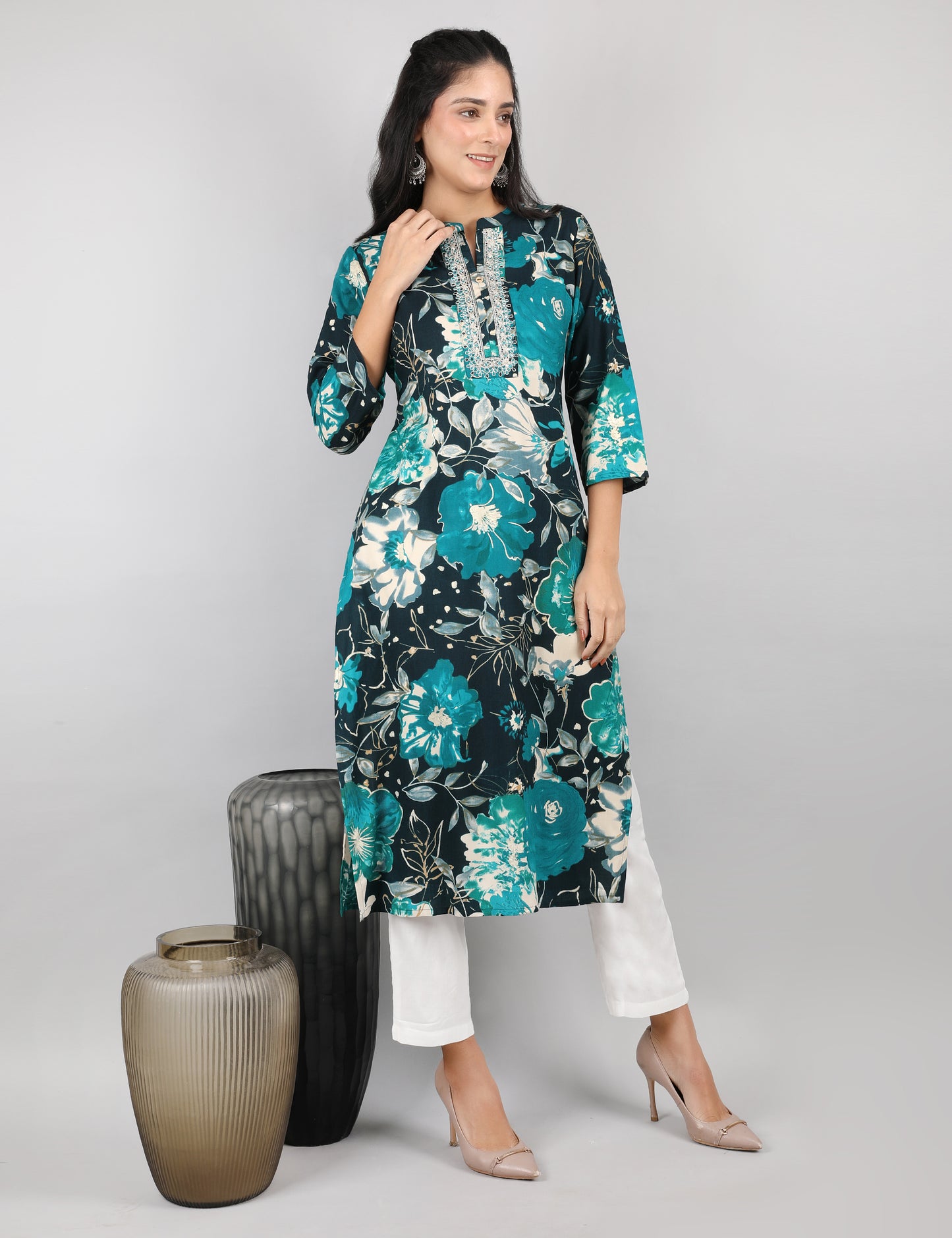 PEACOCK-BLACK PRINT REYON KURTI
