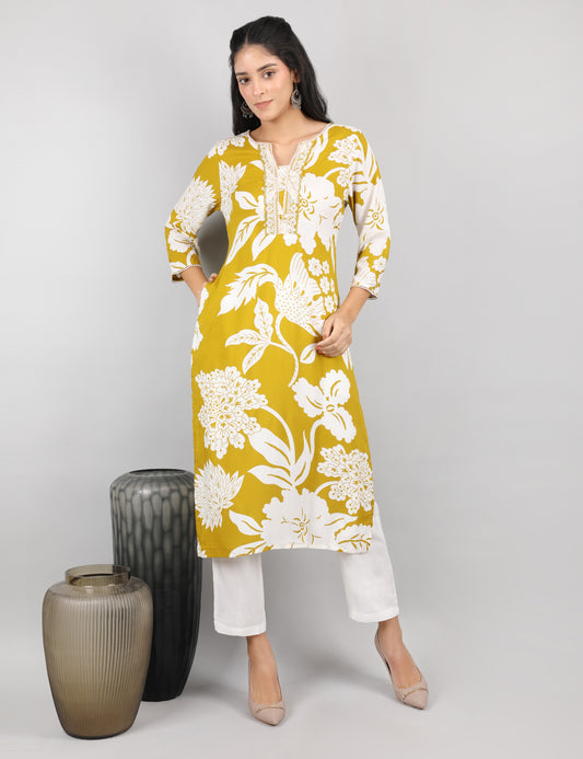 MUSTARD YELLOW REYON PRINT KURTI