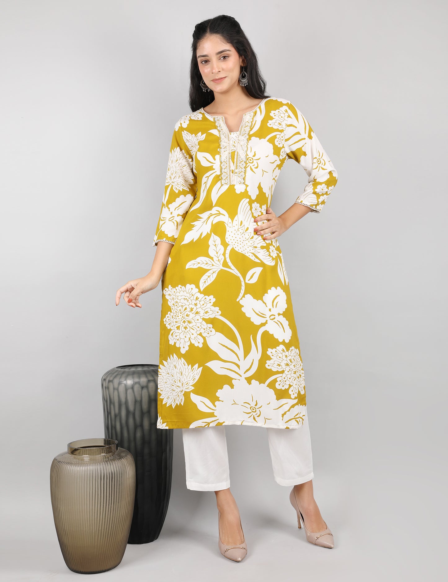 MUSTARD YELLOW REYON PRINT KURTI