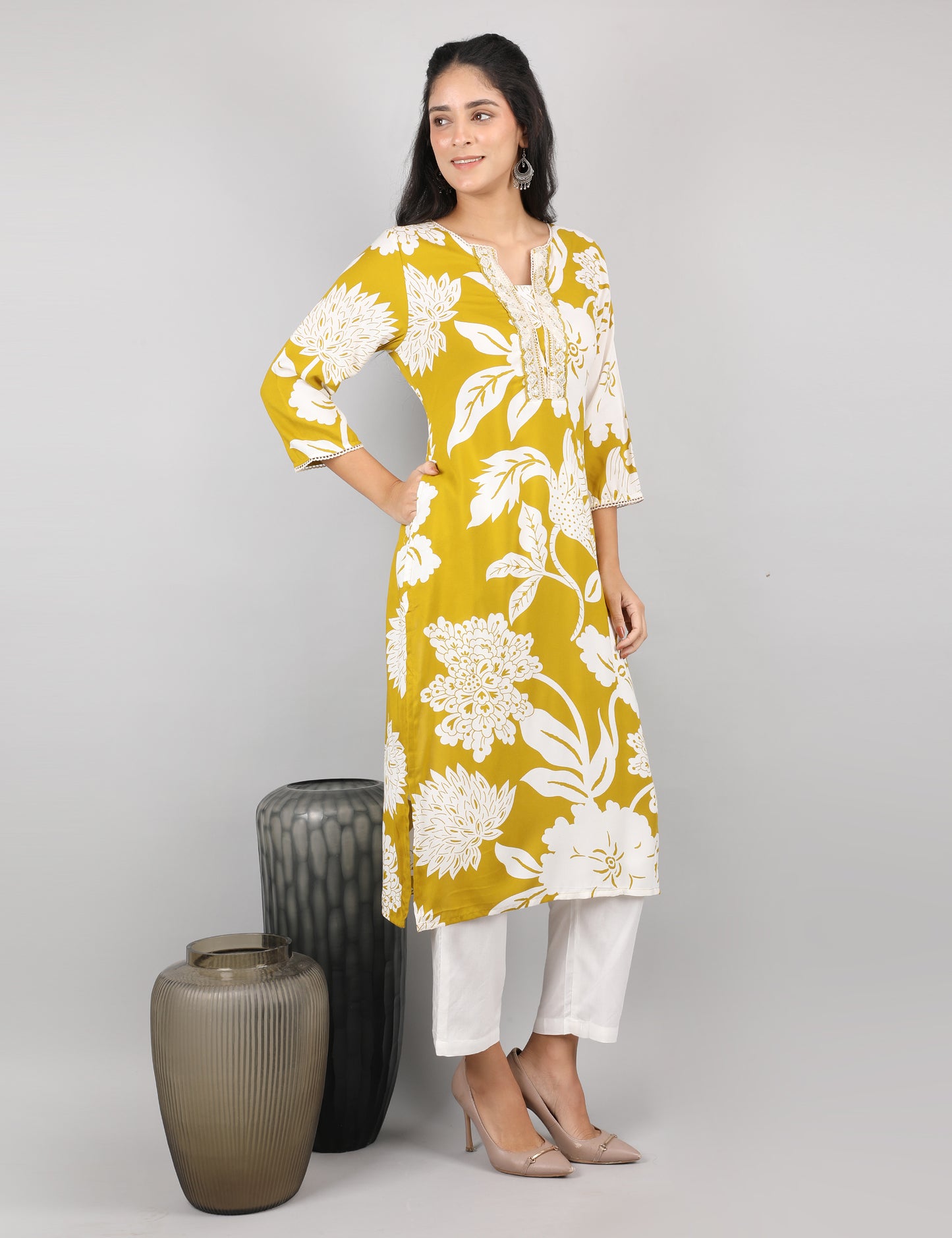 MUSTARD YELLOW REYON PRINT KURTI