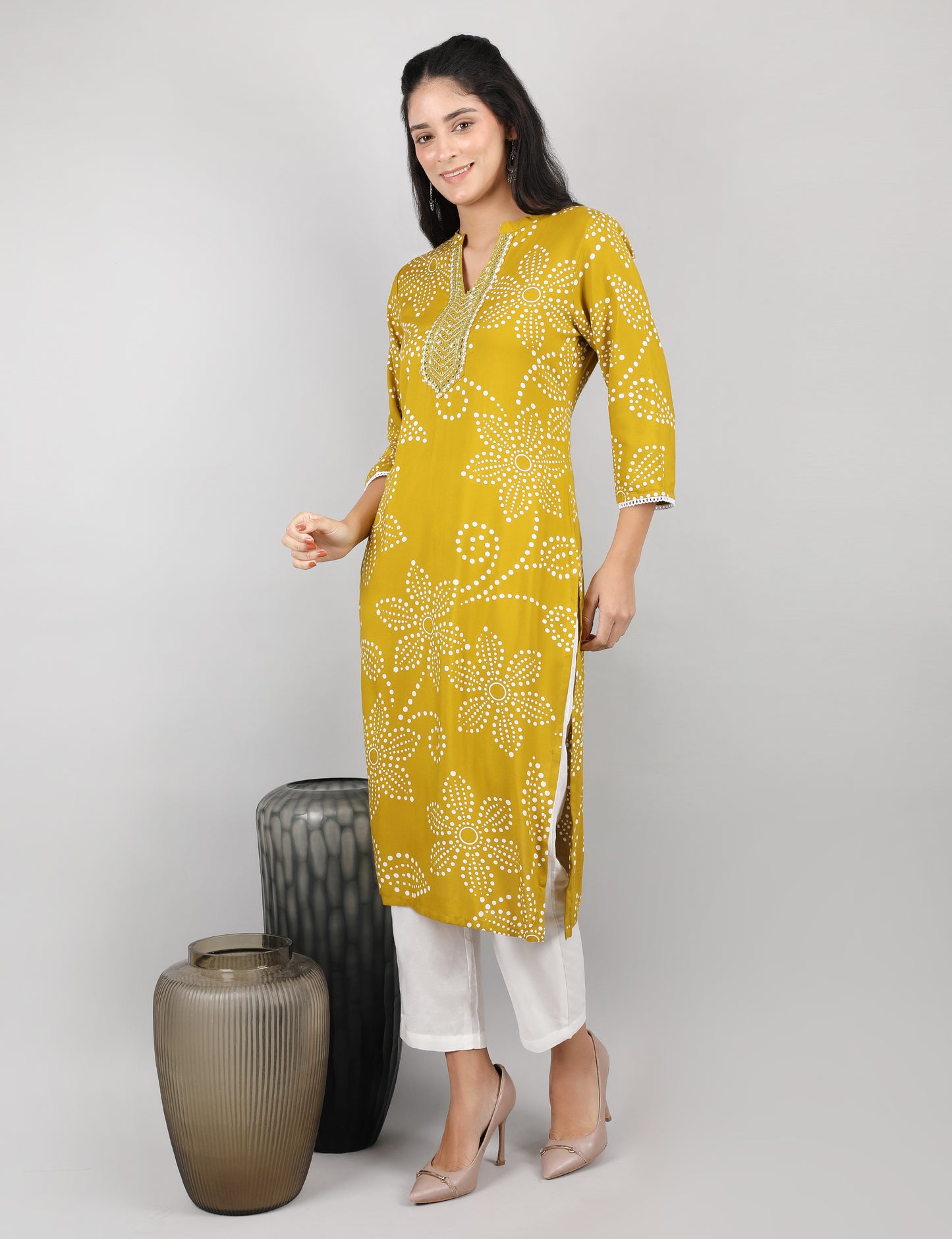 MUSTARD PRINT KURTI REYON