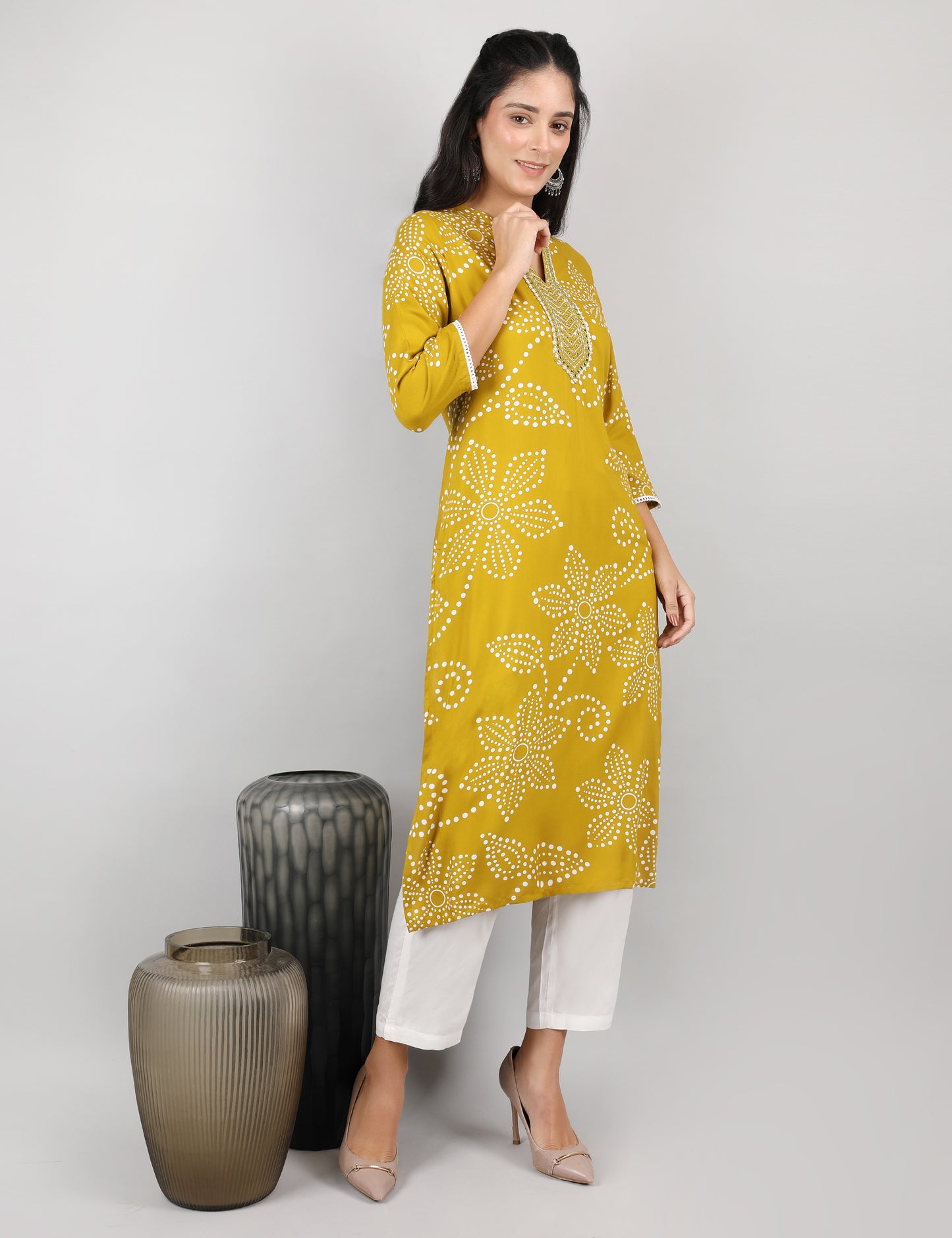 MUSTARD PRINT KURTI REYON