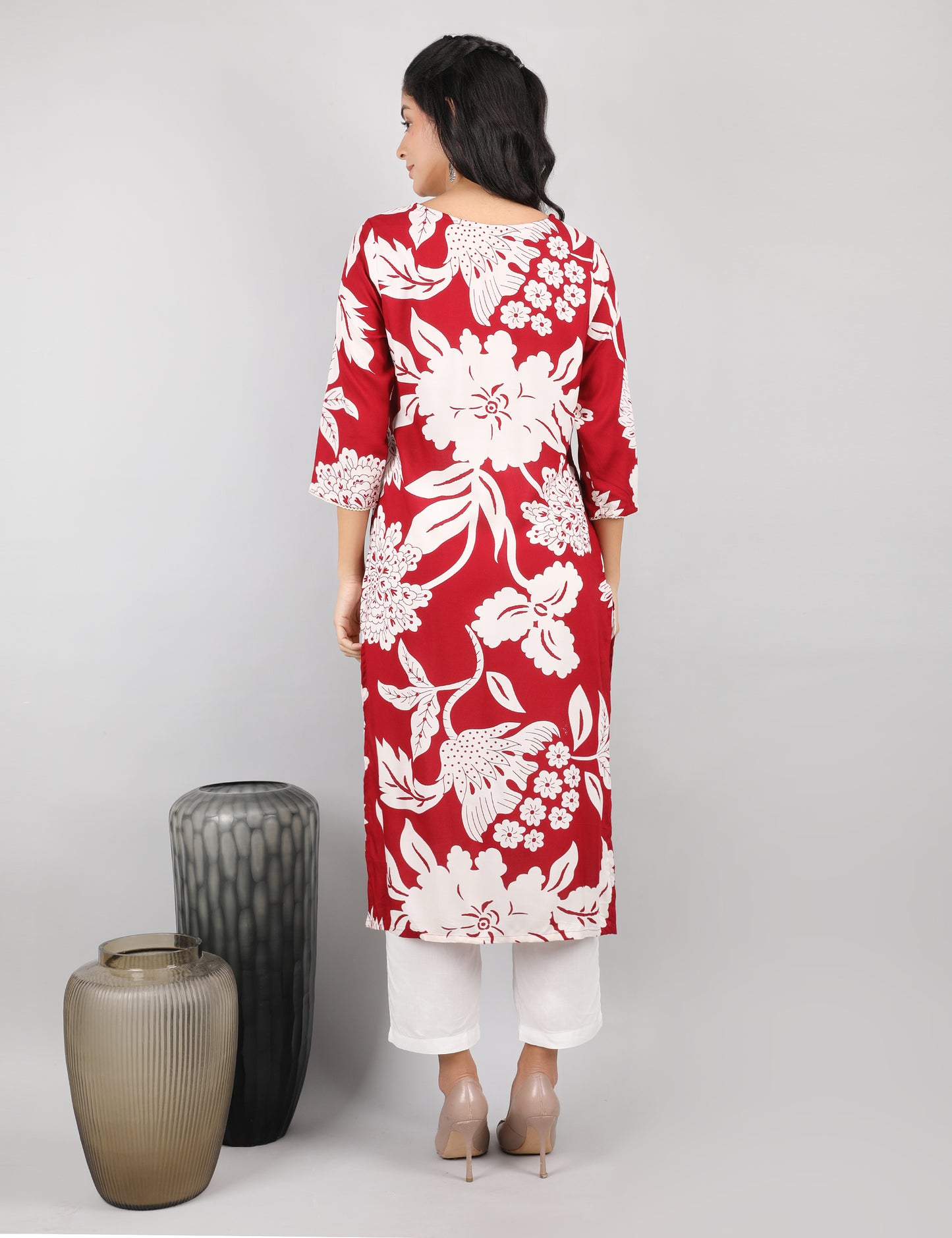 RICH RED REYON PRINTED  KURTI