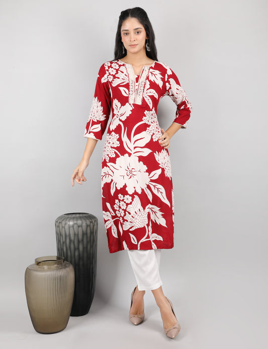 RICH RED REYON PRINTED  KURTI