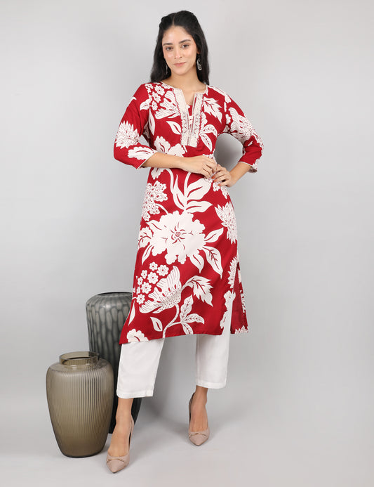 RICH RED REYON PRINTED  KURTI