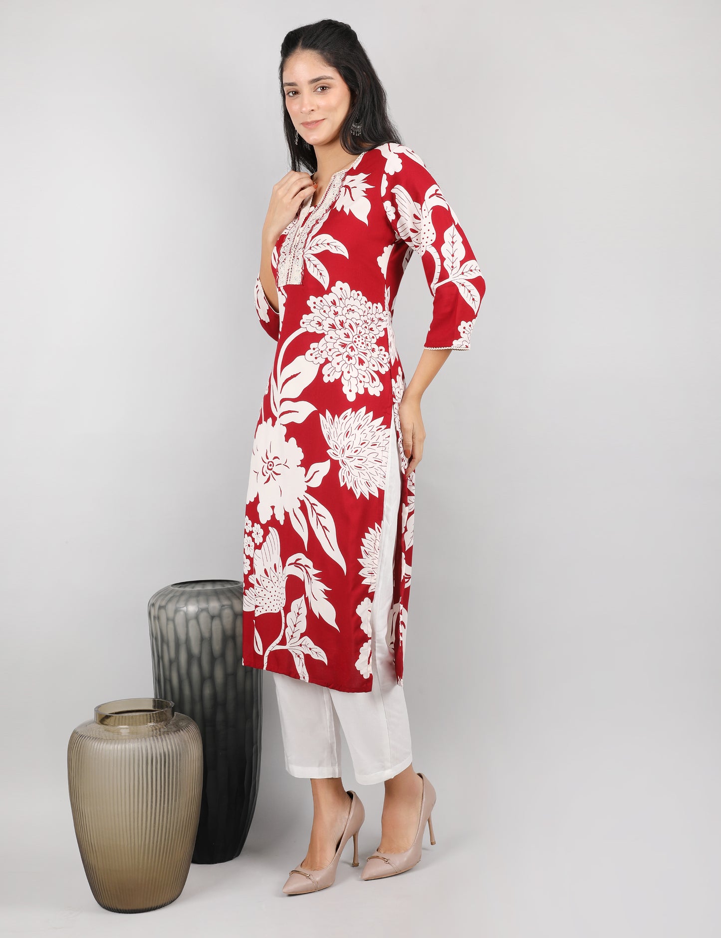 RICH RED REYON PRINTED  KURTI