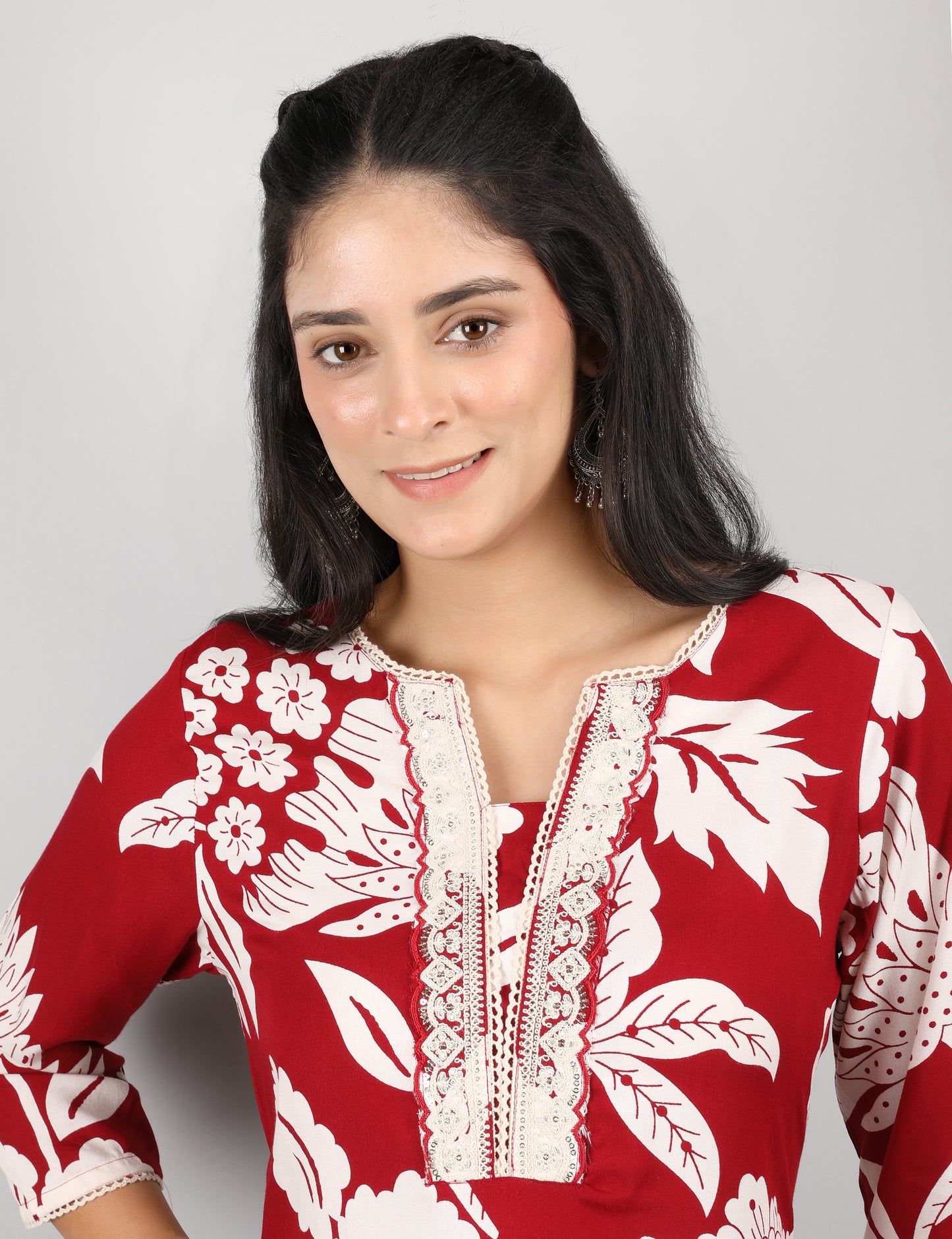 RICH RED REYON PRINTED  KURTI