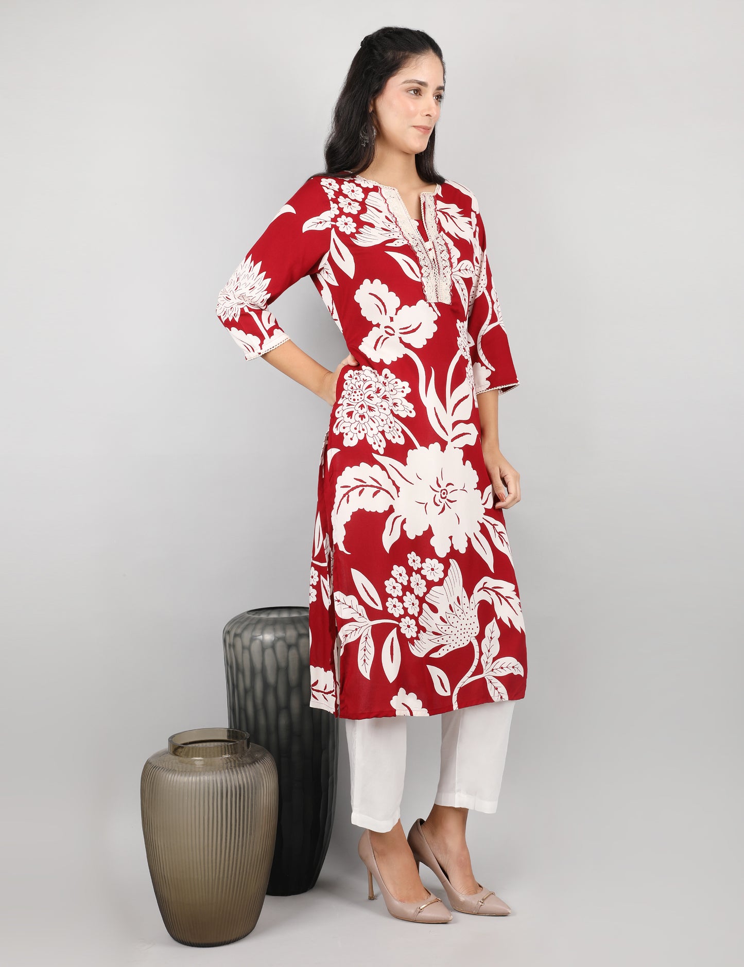 RICH RED REYON PRINTED  KURTI
