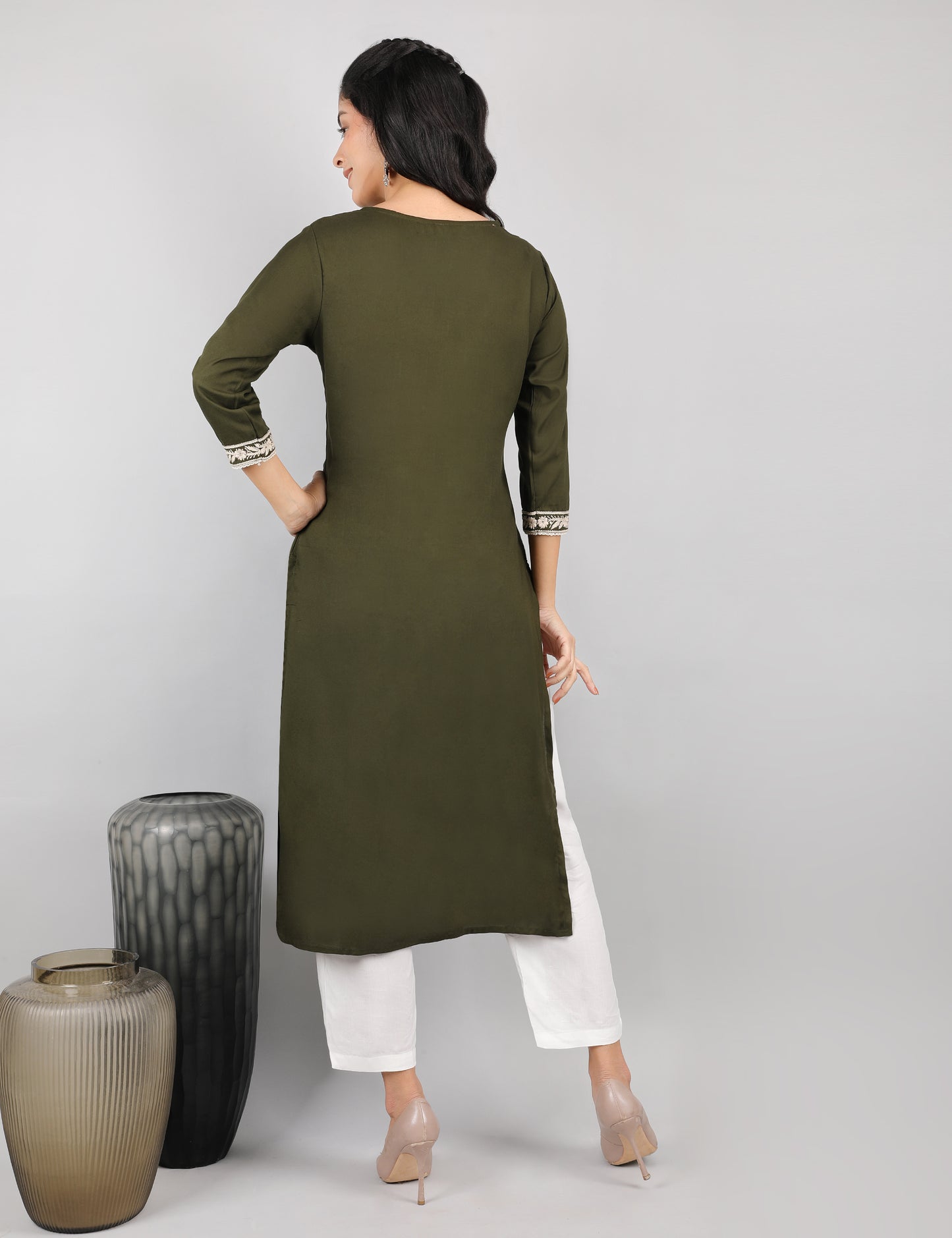 OLIVE GREEN REYON CHIKIN WORK KURTA