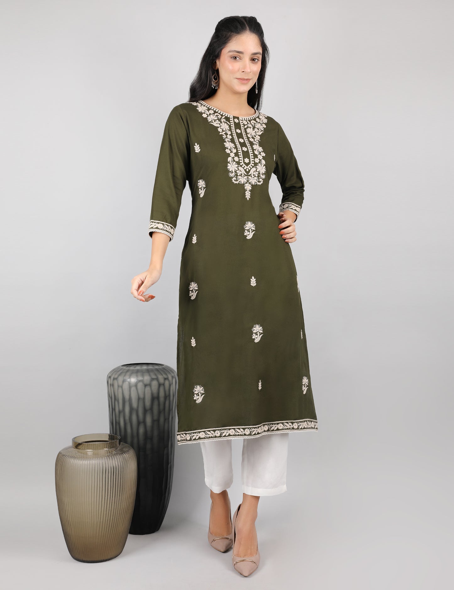 OLIVE GREEN REYON CHIKIN WORK KURTA