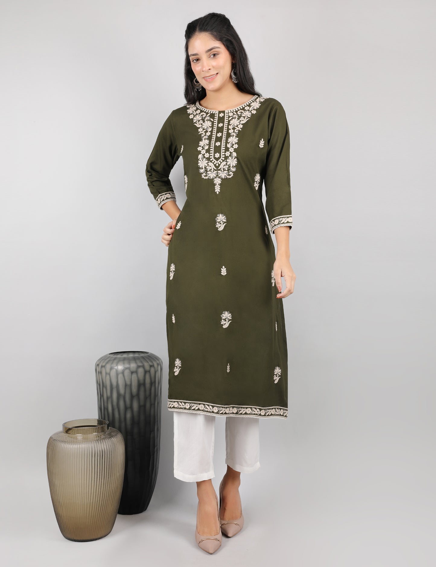 OLIVE GREEN REYON CHIKIN WORK KURTA
