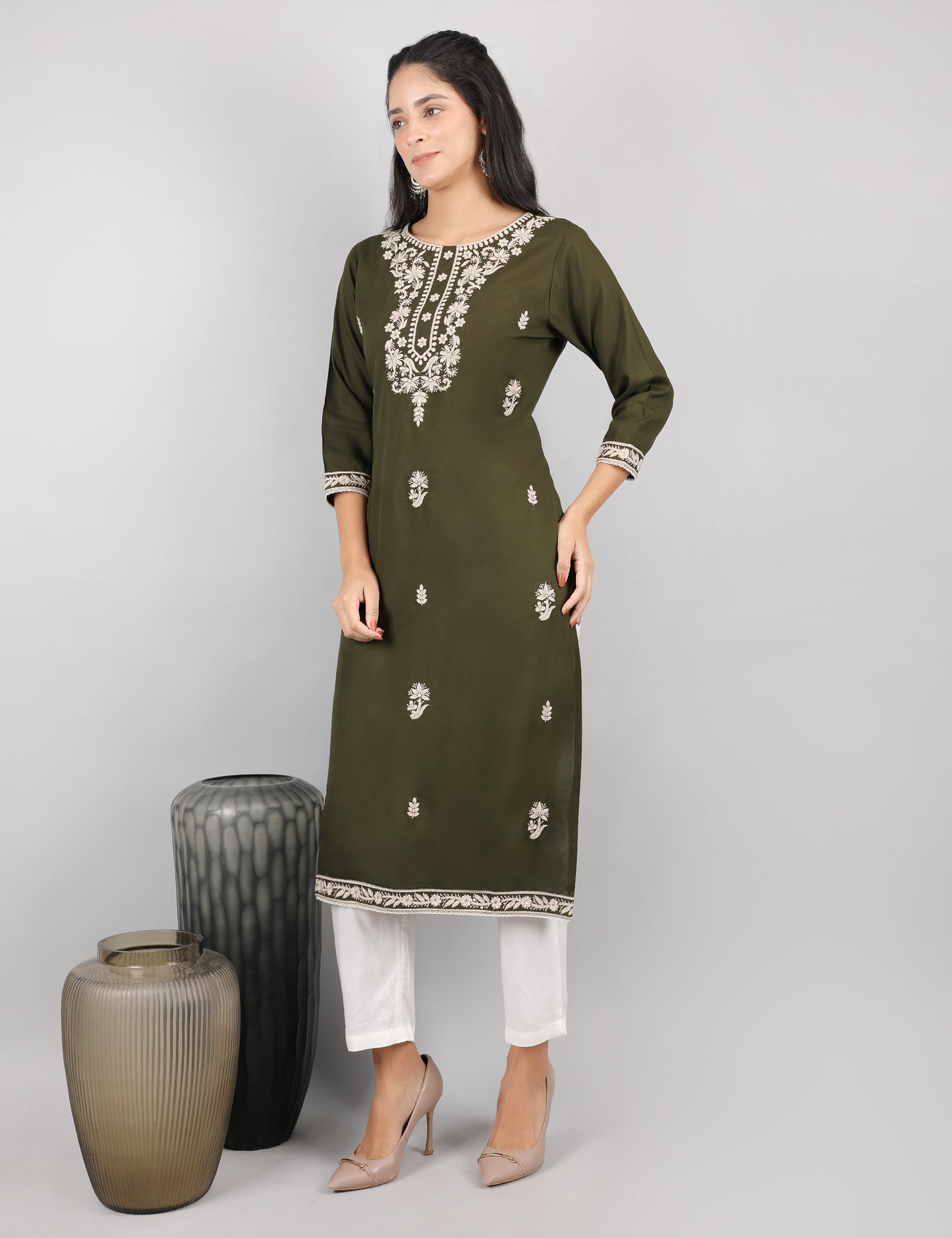 OLIVE GREEN REYON CHIKIN WORK KURTA