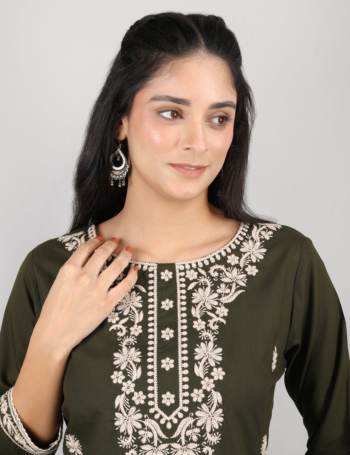 OLIVE GREEN REYON CHIKIN WORK KURTA