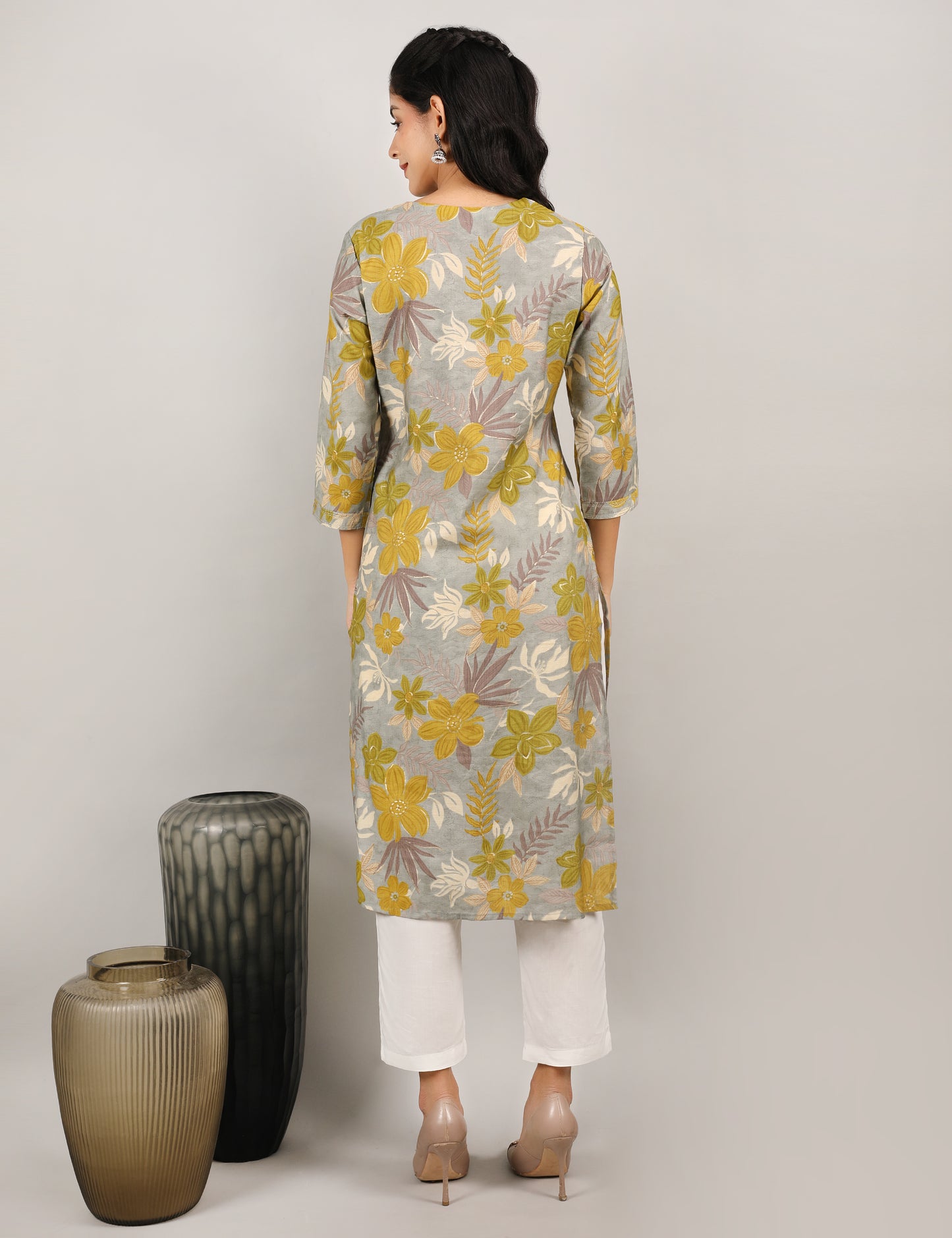 GREY YELLOW PRINT COTTON KURTA