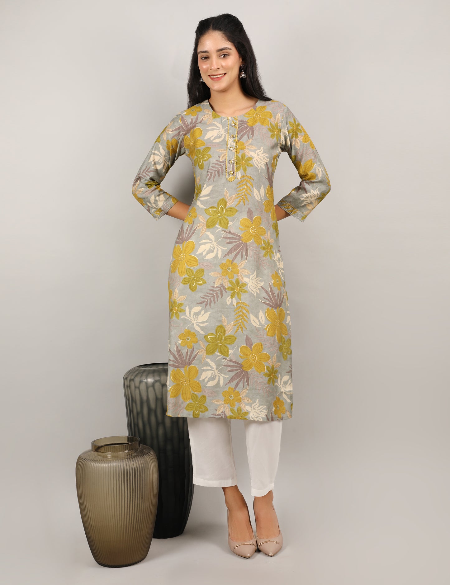 GREY YELLOW PRINT COTTON KURTA