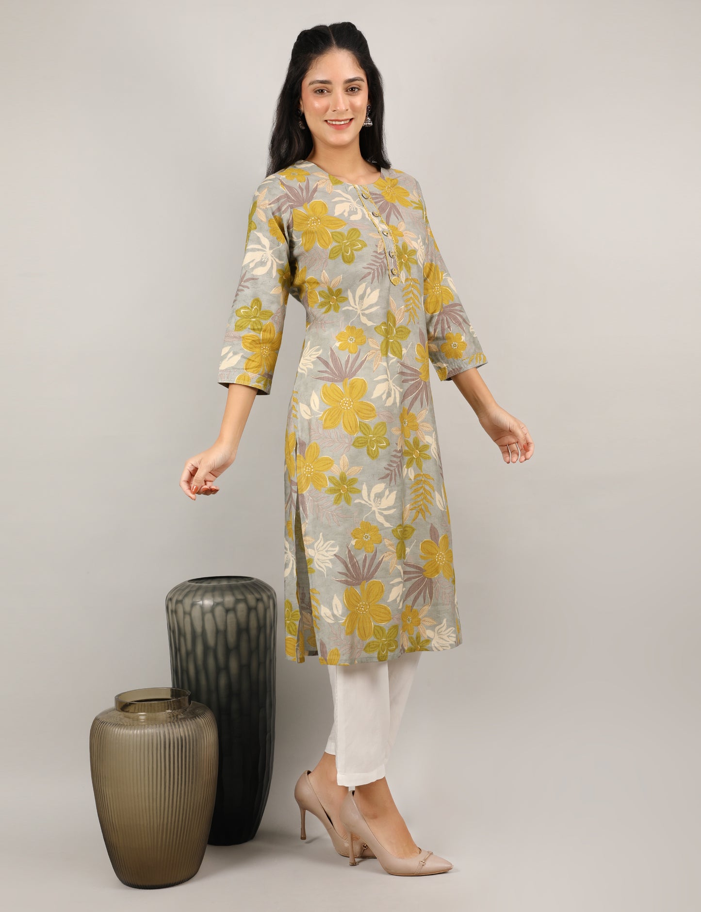 GREY YELLOW PRINT COTTON KURTA
