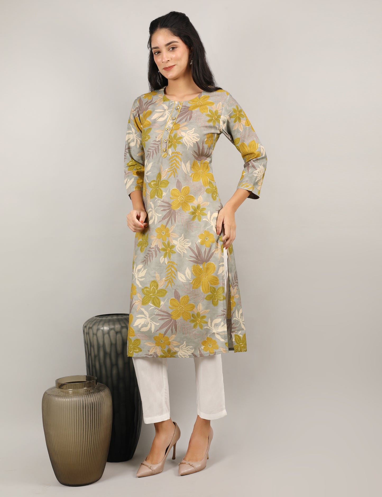 GREY YELLOW PRINT COTTON KURTA