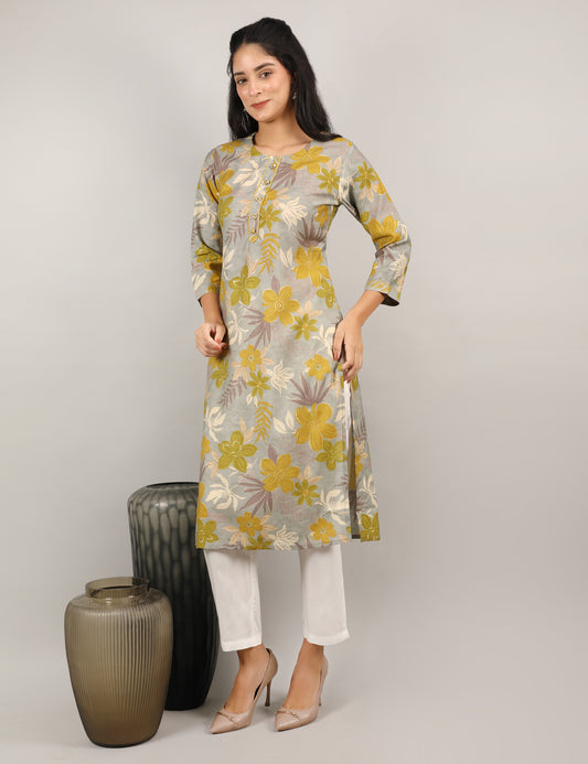 GREY YELLOW PRINT COTTON KURTA