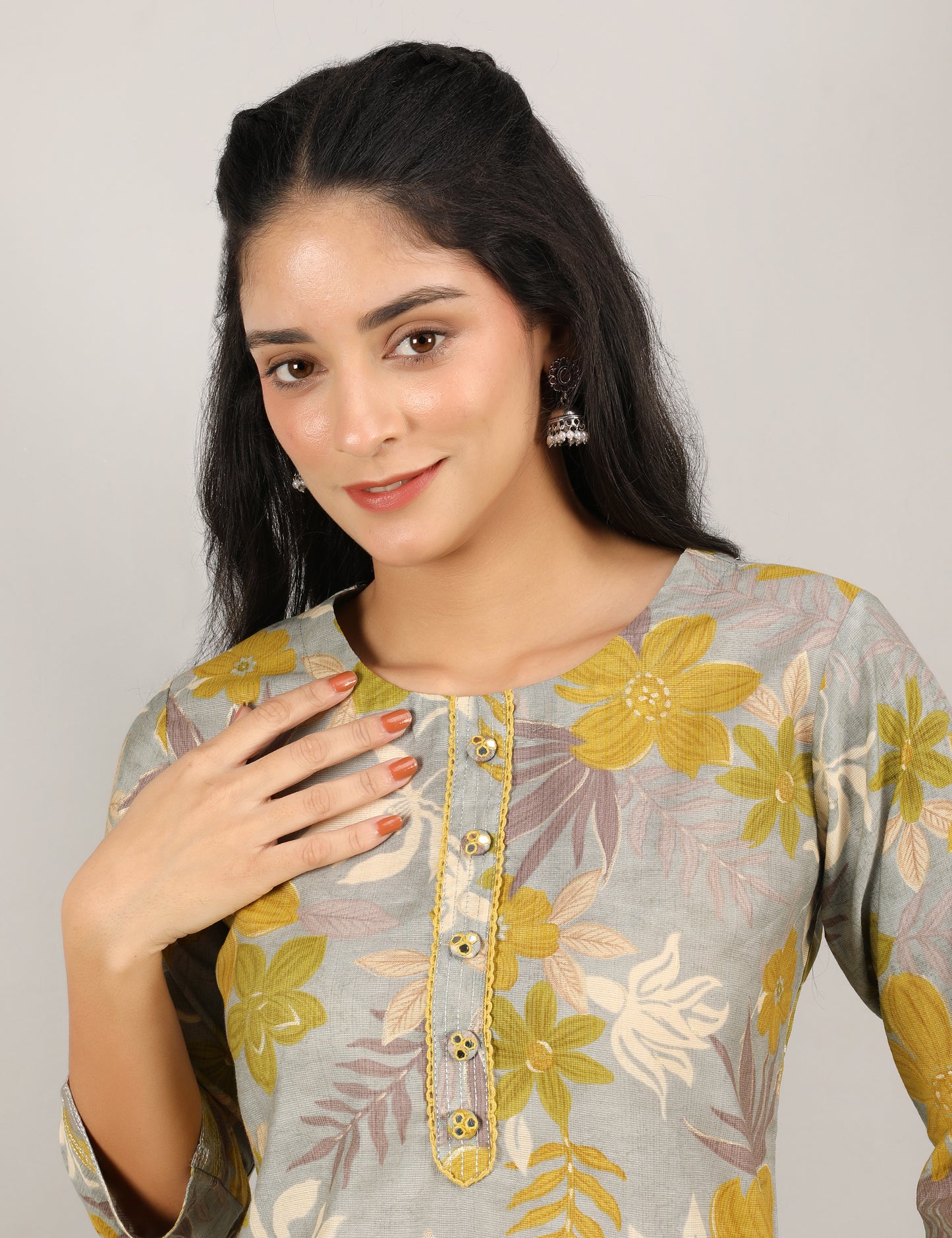 GREY YELLOW PRINT COTTON KURTA