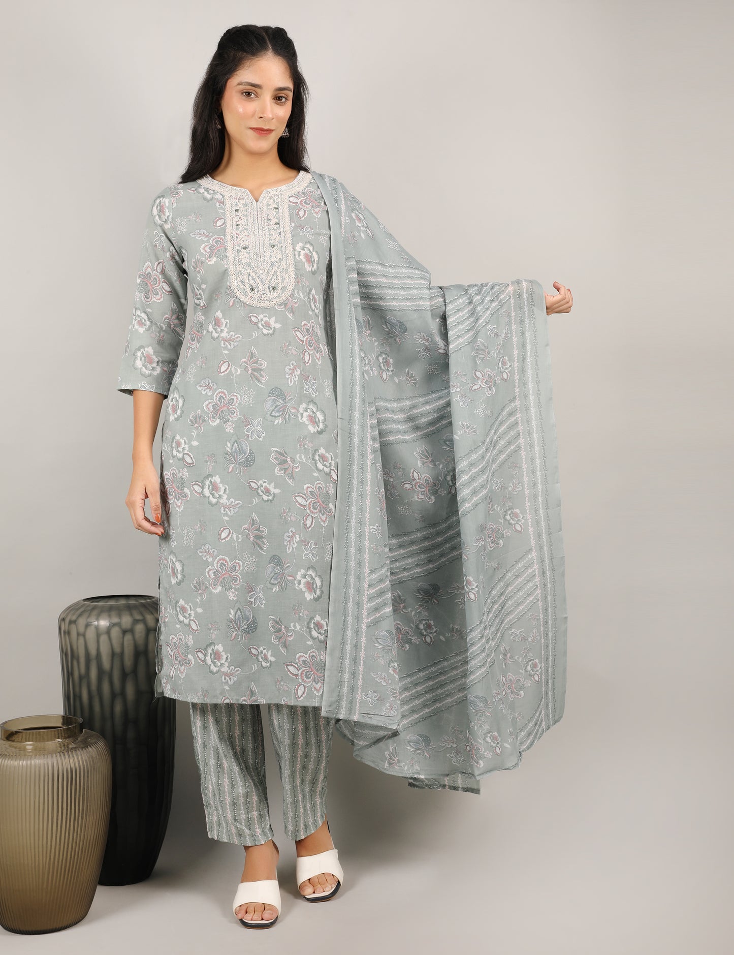 PASTEL GREEN COTTON  PRINT STRAIGHT SUIT