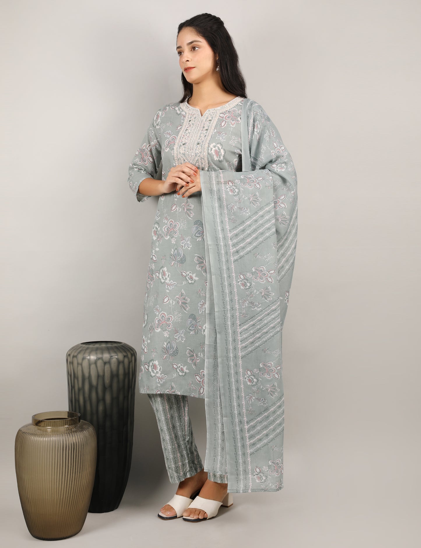 PASTEL GREEN COTTON  PRINT STRAIGHT SUIT