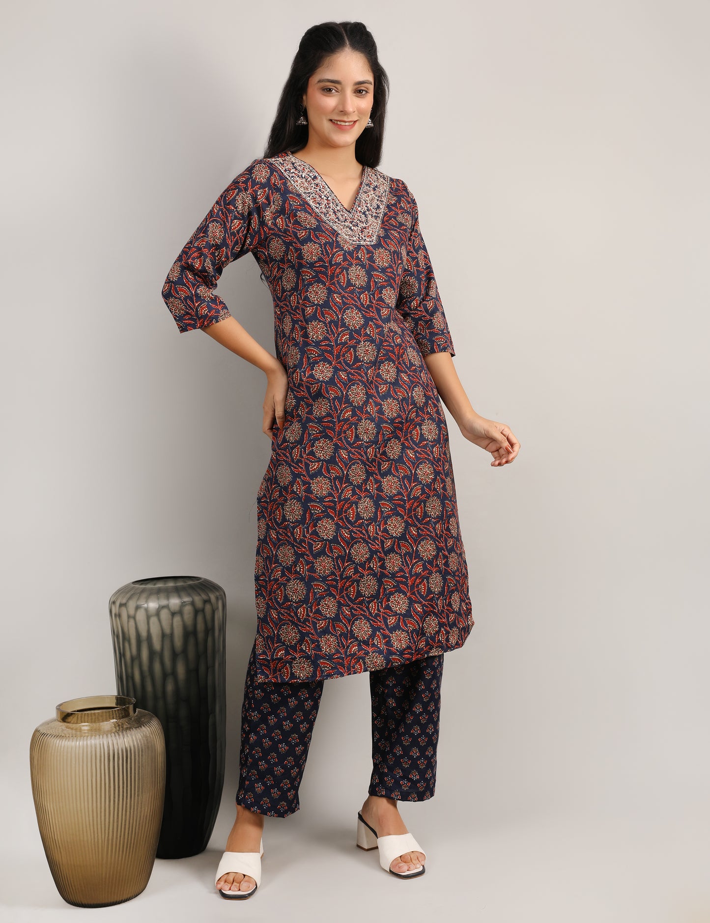 NAVY BLUE BLOCK PRINT COTTON STARIGHT SUIT