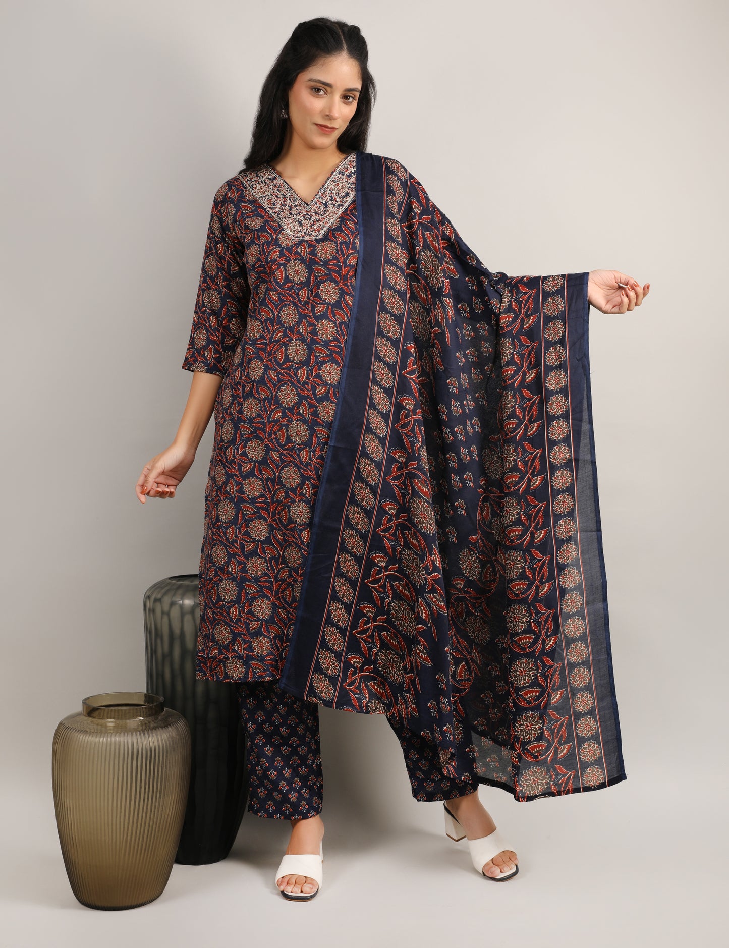 NAVY BLUE BLOCK PRINT COTTON STARIGHT SUIT