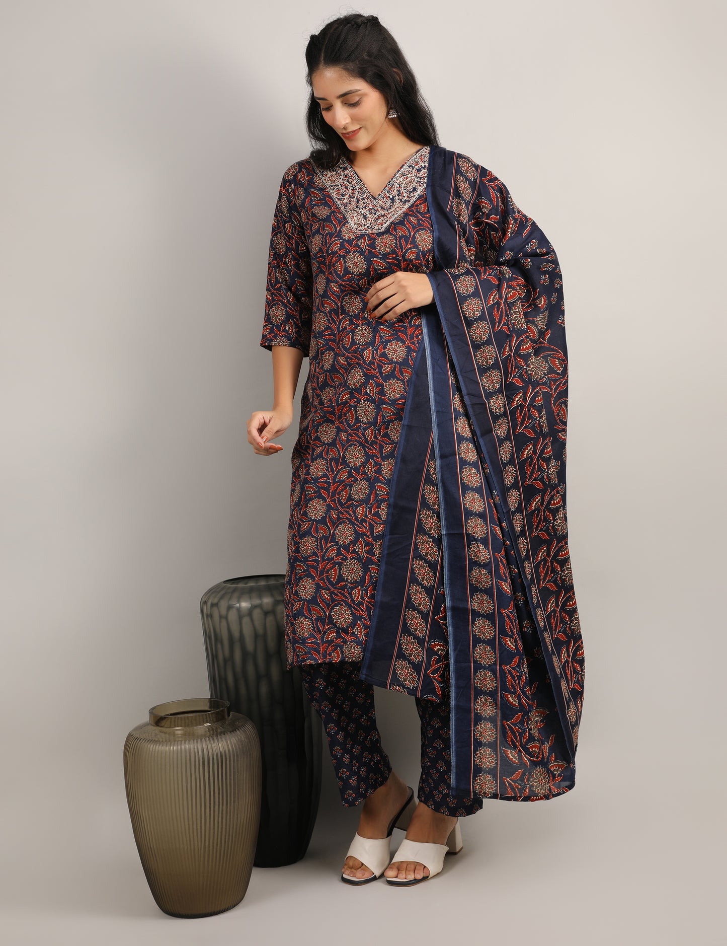 NAVY BLUE BLOCK PRINT COTTON STARIGHT SUIT