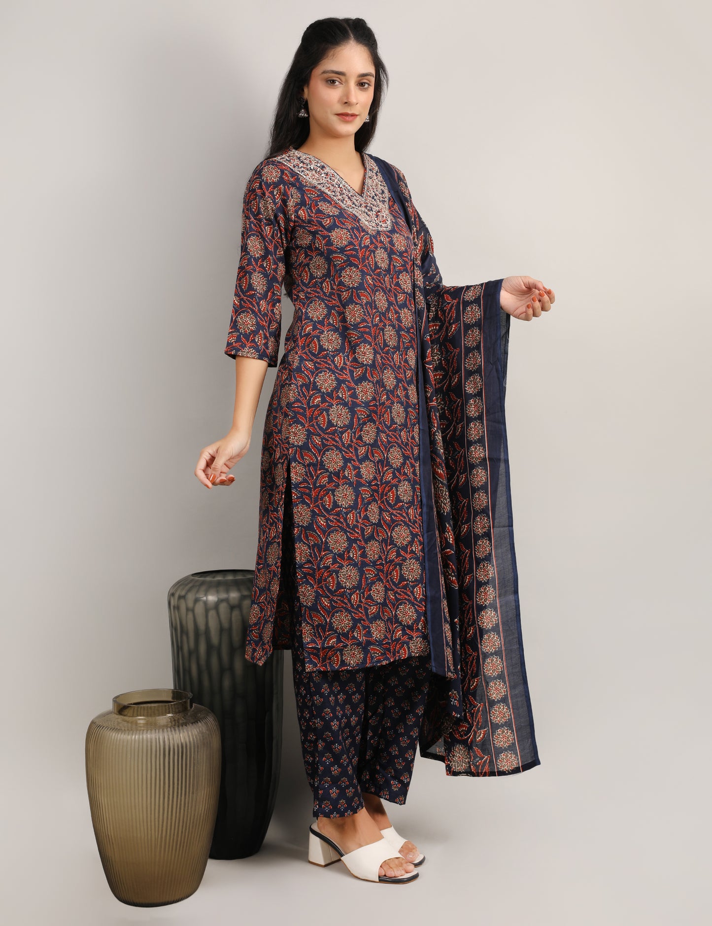 NAVY BLUE BLOCK PRINT COTTON STARIGHT SUIT